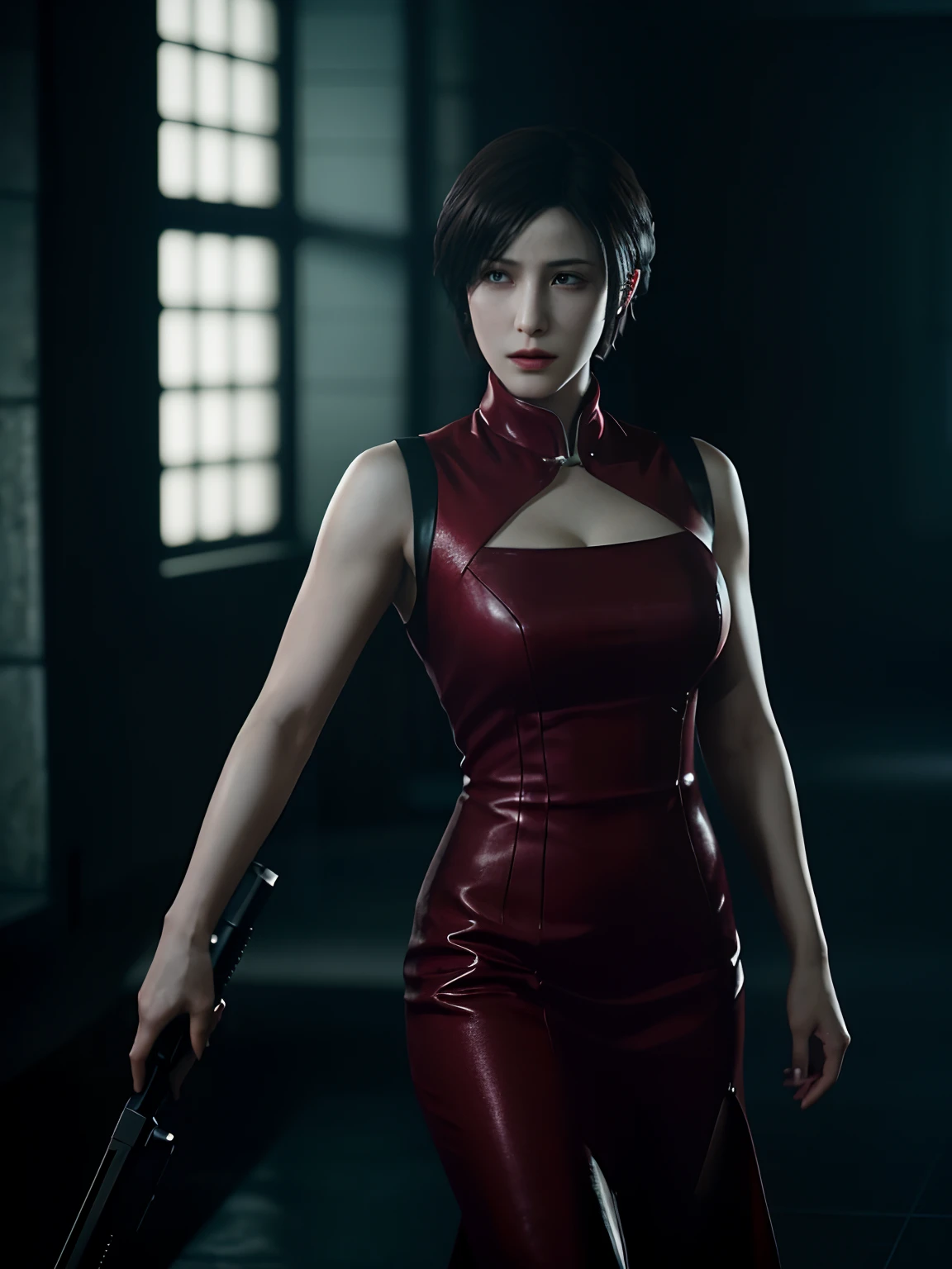 (Highest quality:1.3), cinematic shot, masterpiece, (sharp focus:1.5), (photorealistic:1.3), Ada Wong is a prominent character in the Resident Evil video game series. She is known for her mysterious and enigmatic persona. With her striking appearance, Ada often wears a red qipao dress, which is a traditional Chinese outfit. Her dark hair, intense eyes, and a penchant for high heels contribute to her alluring and iconic look.

Ada is characterized by her intelligence, resourcefulness, and combat skills. She's skilled in using firearms, melee weapons, and gadgets, making her a versatile fighter. Throughout the series, she's often seen as an independent and secretive individual, driven by her own motives. Her interactions with other characters are usually marked by a sense of ambiguity and hidden agendas.

Ada's involvement in the series typically revolves around espionage, uncovering conspiracies, and dealing with biohazard outbreaks. Her complex relationships with other characters, such as Leon S. Kennedy, contribute to the intrigue and drama within the game's narrative. Overall, Ada Wong's multifaceted personality, captivating appearance, and central role in the Resident Evil series make her a memorable and iconic game character, (highly detailed skin),  (detailed face), detailed background, dark lighting, twilight lighting, volumetric lighting,  intricate details, UHD,