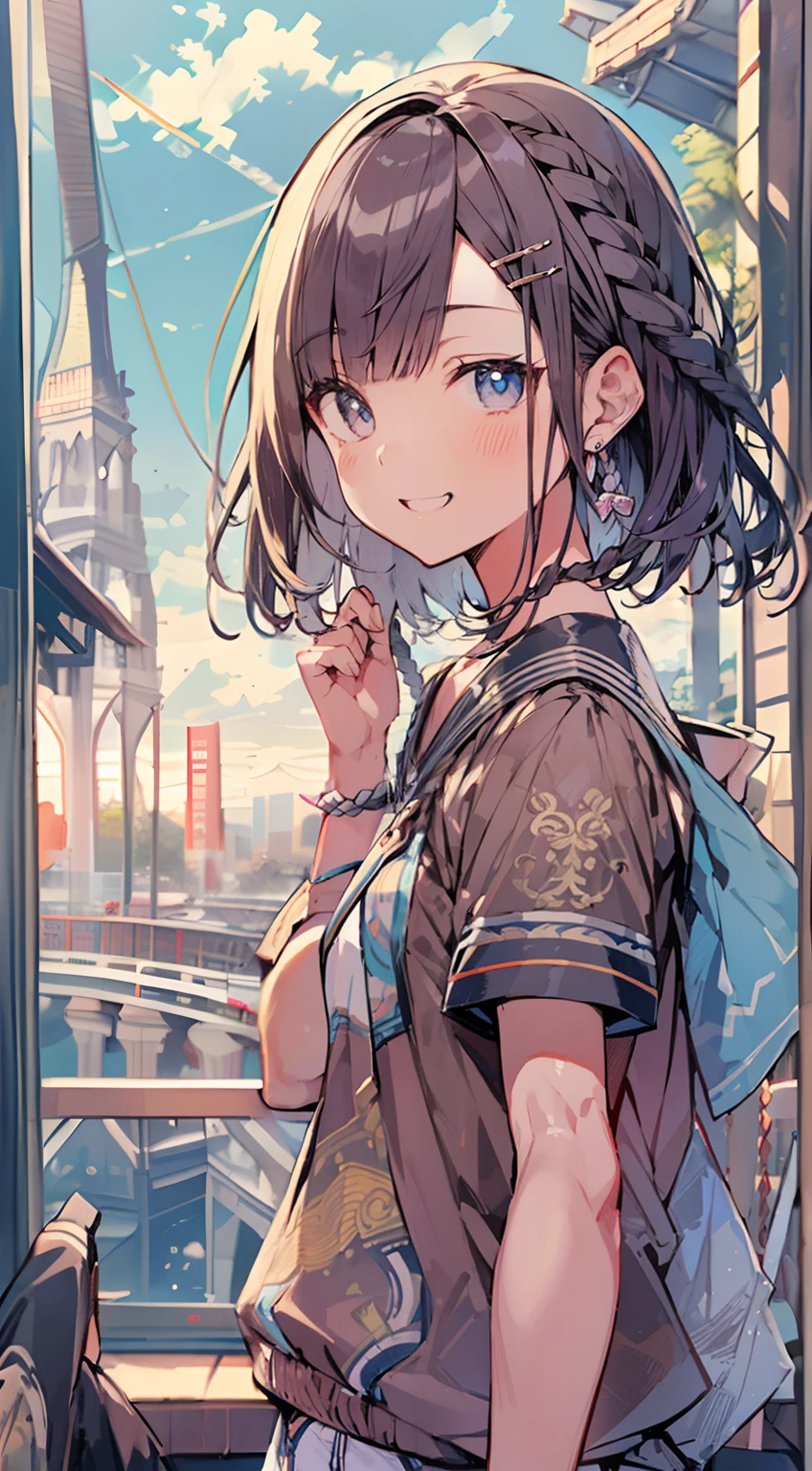 masutepiece, Best Quality,Illustration, Wallpaper, Ultra Detail, Absurd beauty, 1beautiful girl、(Medium short hair、short braided hair), Beautiful ultra-detailed eyes 、student clothes、A refreshing smile、Smaller head、(a panoramic view:1.5)