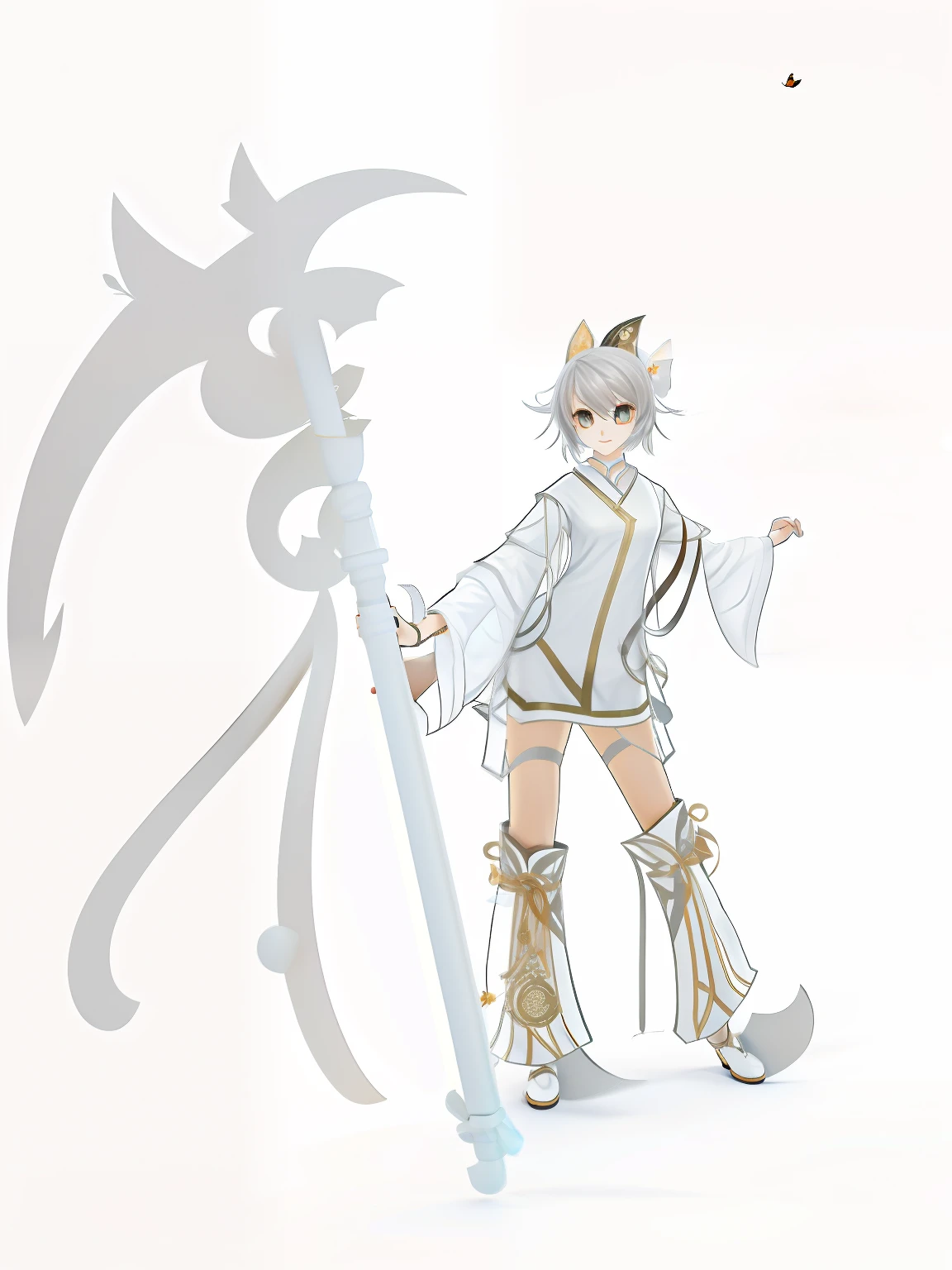 A cat lady,Hold a sugar gourd in your left hand,Holding a scythe in his right hand,There are two streamers on the sickle