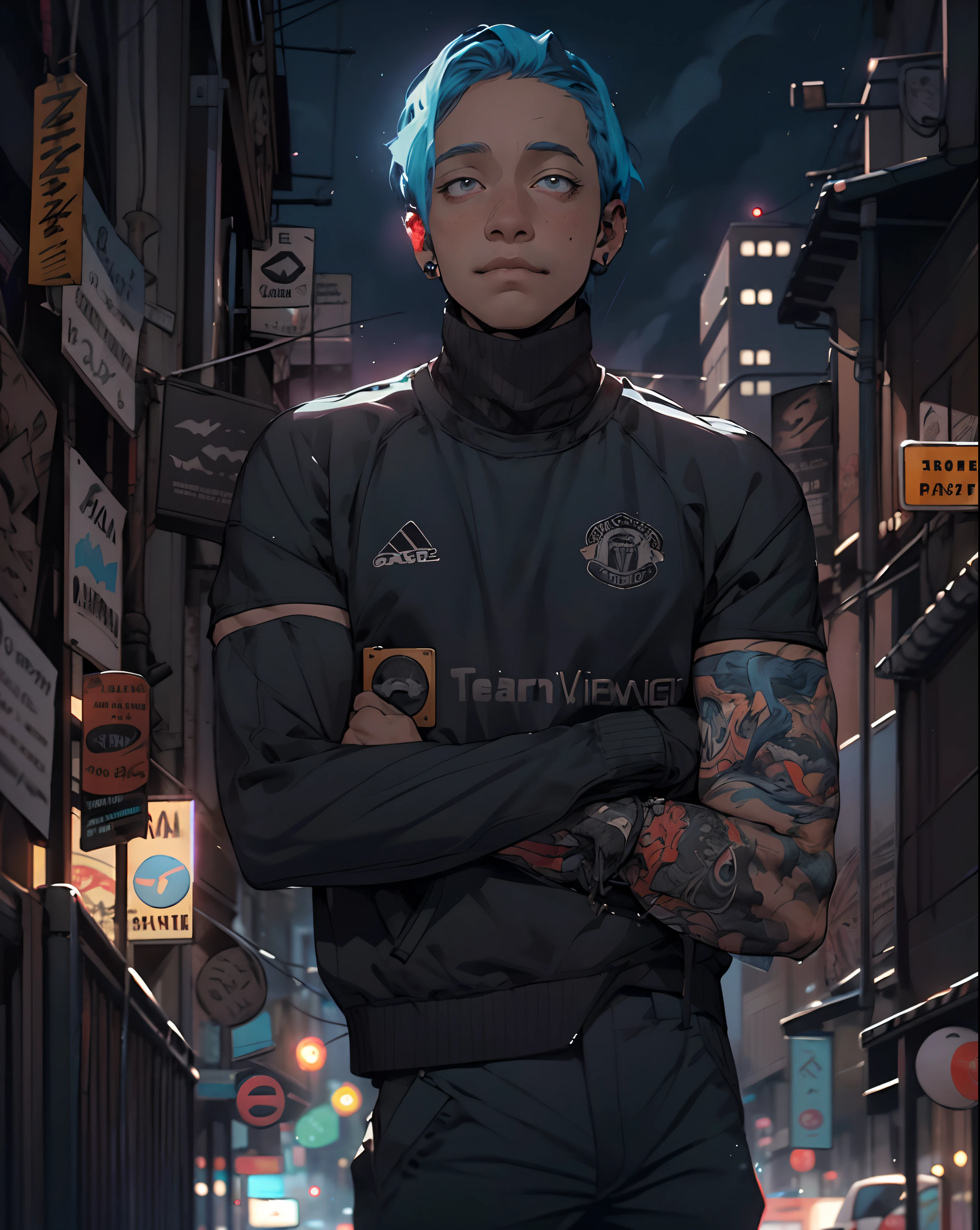 Realistic, (Masterpiece, Top Quality, Best Quality, Official Art, Beauty and Aesthetics: 1.2), Very Detailed, Fractal Art, Colorful, Most Detailed, Zentangle, (Night City Background: 1.5) (1androgynous boy: 1.3), Mafia, Blue Hair, Short Messy Hair, (Glowing Hazel Eyes), Mysterious, (Criminal), Handsome Person, Rainy Night, dark night background, intimidating, badass, (wearing a black jacket 1,2), smirk, cicatriz na sobrancelha, Dark Skin.