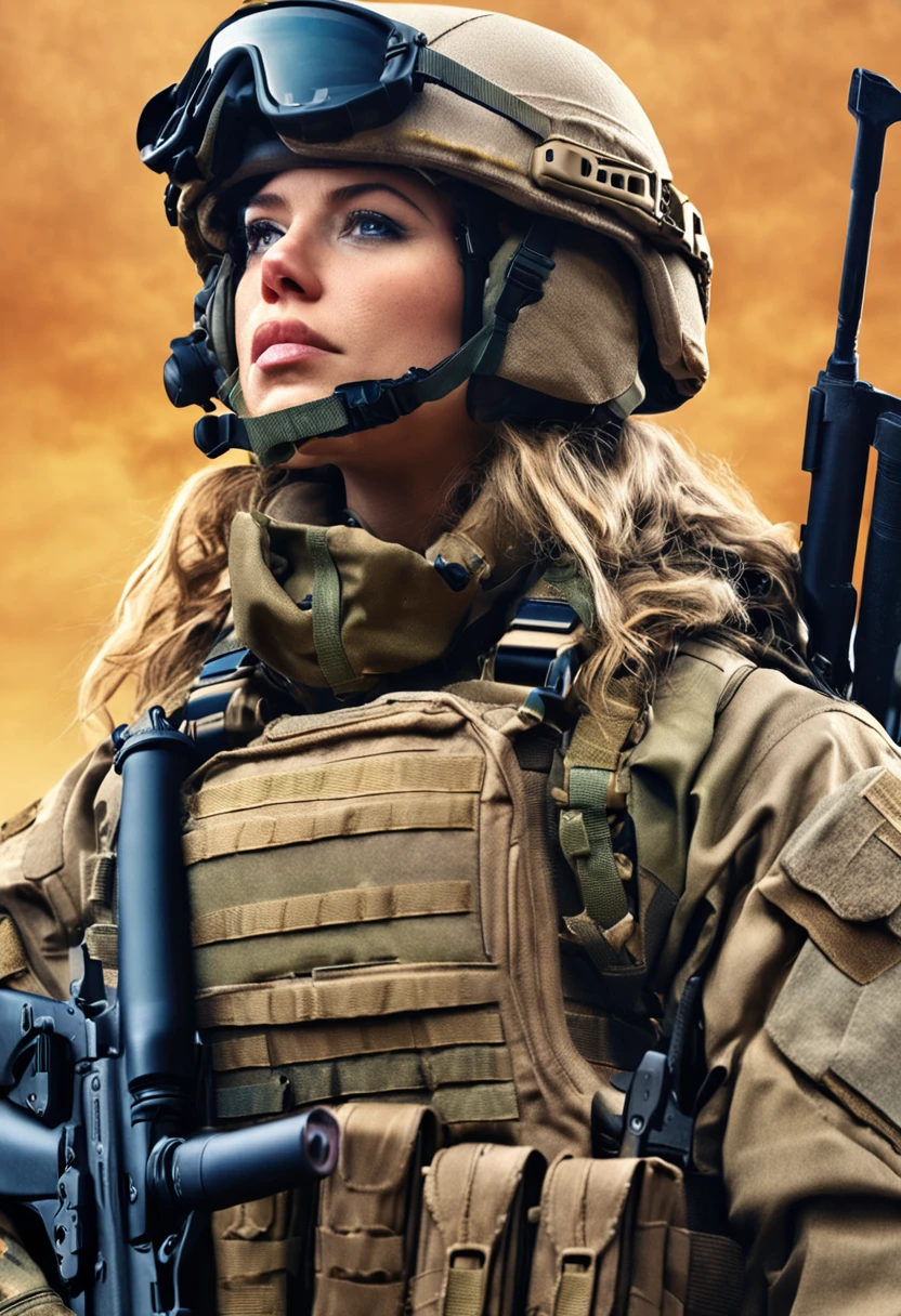 Cinematic battlefield in afghanistan, a ultra-detailed hyperrealistic photography of a beautiful 25 years old american soldier woman, (blonde hair with extra long wavy), blue eyes, american aesthetics, short hair, night, curvy, beautiful curves, army aesthetics, special forces outfit, high emphasis on detail, style Semi Impasto, matte painting, atmospheric, glowing, dramatic lighting, beautiful eyes, symmetric eyed, perfect eyes, by Magali Villeneuve, wet, moist, reflection, (masterpiece) ( Perfect proportions) (realistic photos) (highest quality) (detail) shot taken by Canon EOS R5, 50mm lens, f/2.8, HDR, (8k) (wallpaper) (movie lighting) (dramatic lighting) (sharp focus) (complex) fashion, special forces, captain, american military, armed with 2 pistols, in combat, realistic uniform, multicam, fit, chest protection, united states military, camouflaged, multicam, american patter, bulletproof vest, covered skin, bullet rpoof vest, vest, weapon, gun, m4a1, m4a1 sopmod, special forces, combat zone, team leader, captain, united states military, officer, special forces, green berets, explosions, battle damage, short sleeves, tatoos, military tatoos, arm tatoo, short sleeved uniform, full arm tattoo, full sleeve armed tattoos, rolled sleeve, no sleeve