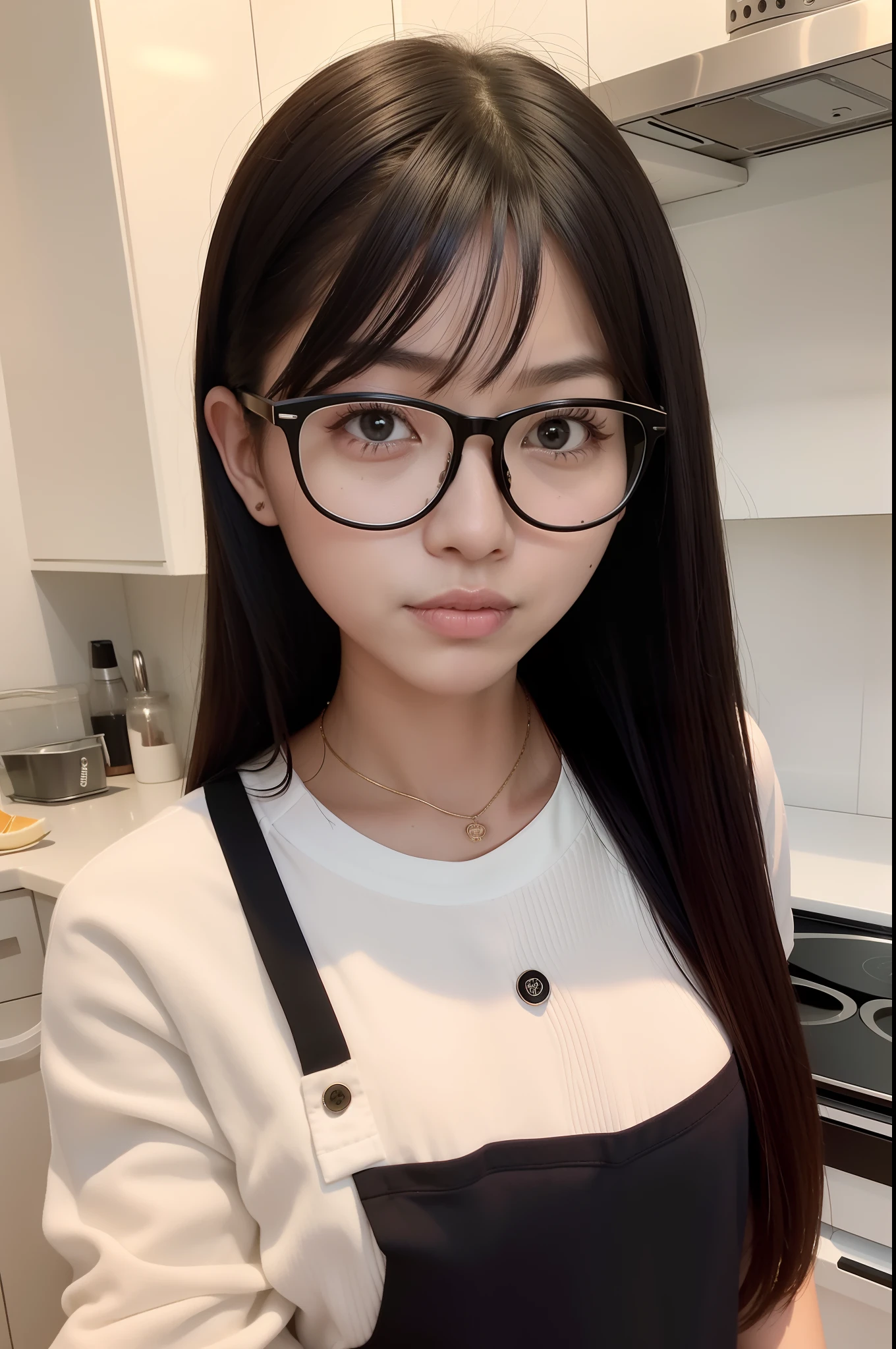 Web anchor，30-year-old young Chinese mother，cabelos preto e longos，Melon seed face，wearing black rimmed glasses，Skinny and small，White shirt，He is showing his work，Facing the lens，at the kitchen