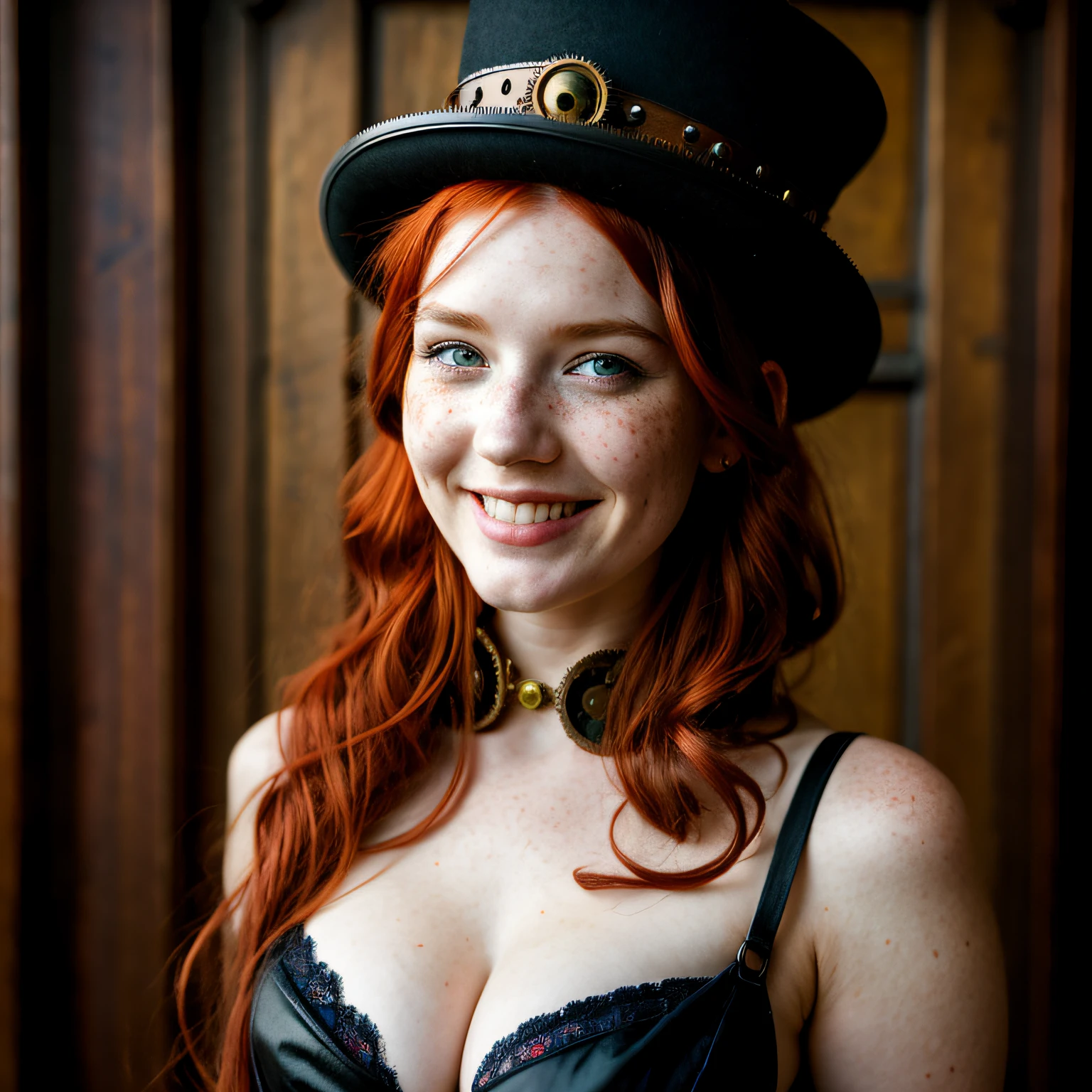 (one-1-person:1.2), beautiful steampunk lady, freckles, (red hair), steampunk top hat, steampunk googles, big smile, dark makeup, hyperdetailed photography, soft light, head and shoulders portrait, cover, ((small breast)), (tiny tits),