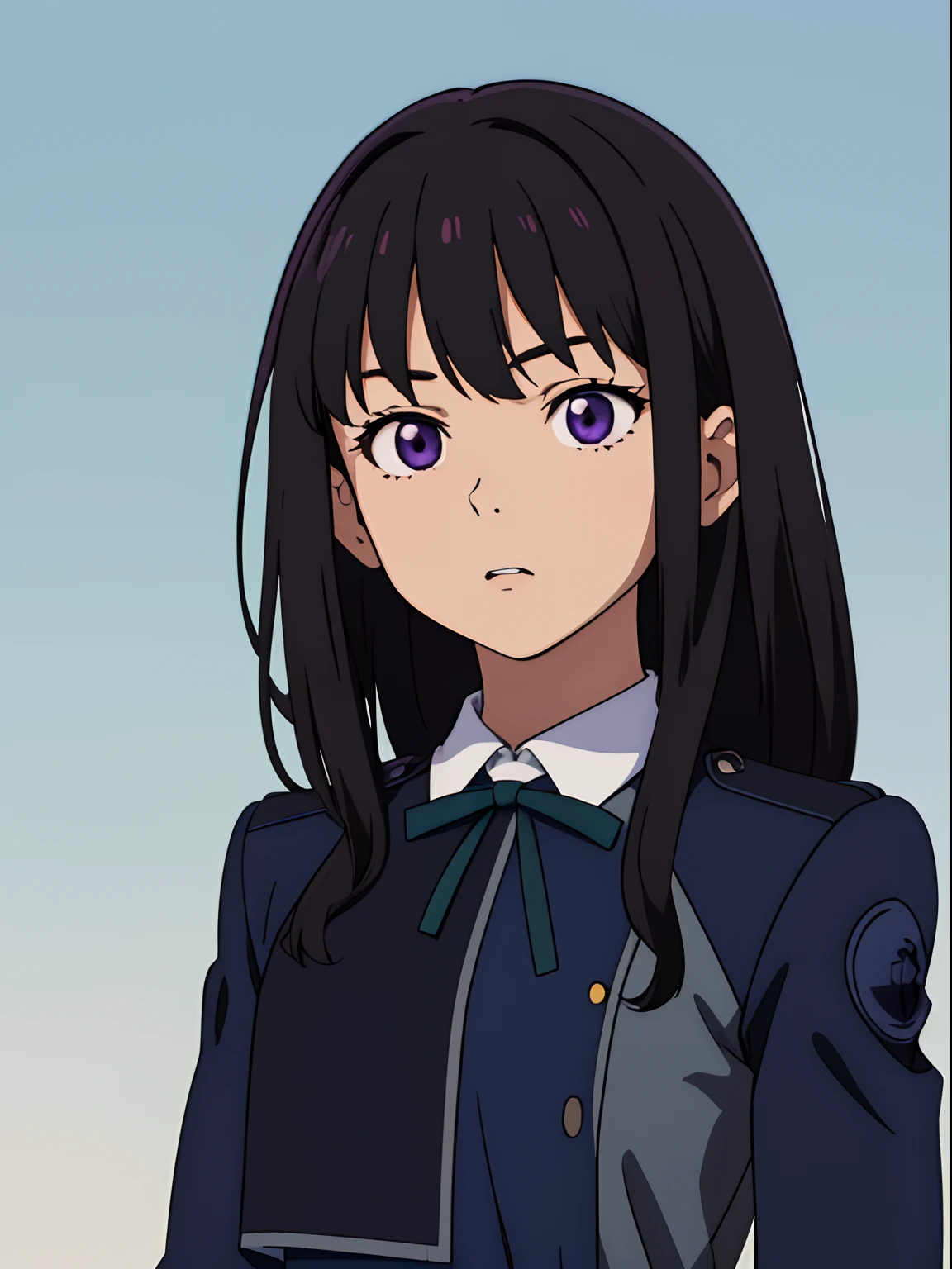 simple background、(masterpiece、top-quality:1.2)、((facing front:1.2))、With bangs、Young woman at 、((The upper part of the body:1.2))、Promotional Art、offcial art、Dark blue uniform、long-sleeve、Y shirt、Green Tie Ribbon、bangss、A dark-haired、Longhaire、Purple eyes