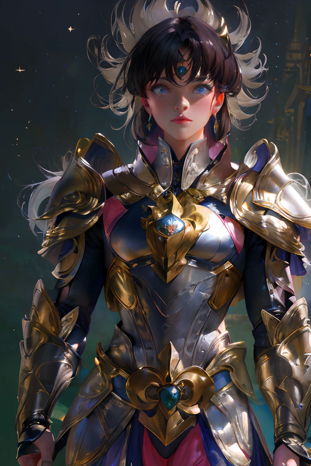 full body,Ultra-high saturation，（tmasterpiece）， fully body photo，（best qualtiy）， （1girll）， starryskybackground，Wearing shiny gold armor， Sexy lingerie type armor，Expose your chest，Expose the waistline，Exposing thighs，cool-pose， Saint Seiya Armor， messy  hair，high detal, Anime style, Cinematic lighting, Sparkle, god light, Ray traching, filmgrain, hyper HD, textureskin, super detailing, Anatomical correct, A high resolution，Ultra-high saturation，hight contrast，High-gloss armor，Smooth skin，Serious expressions,Dark room,