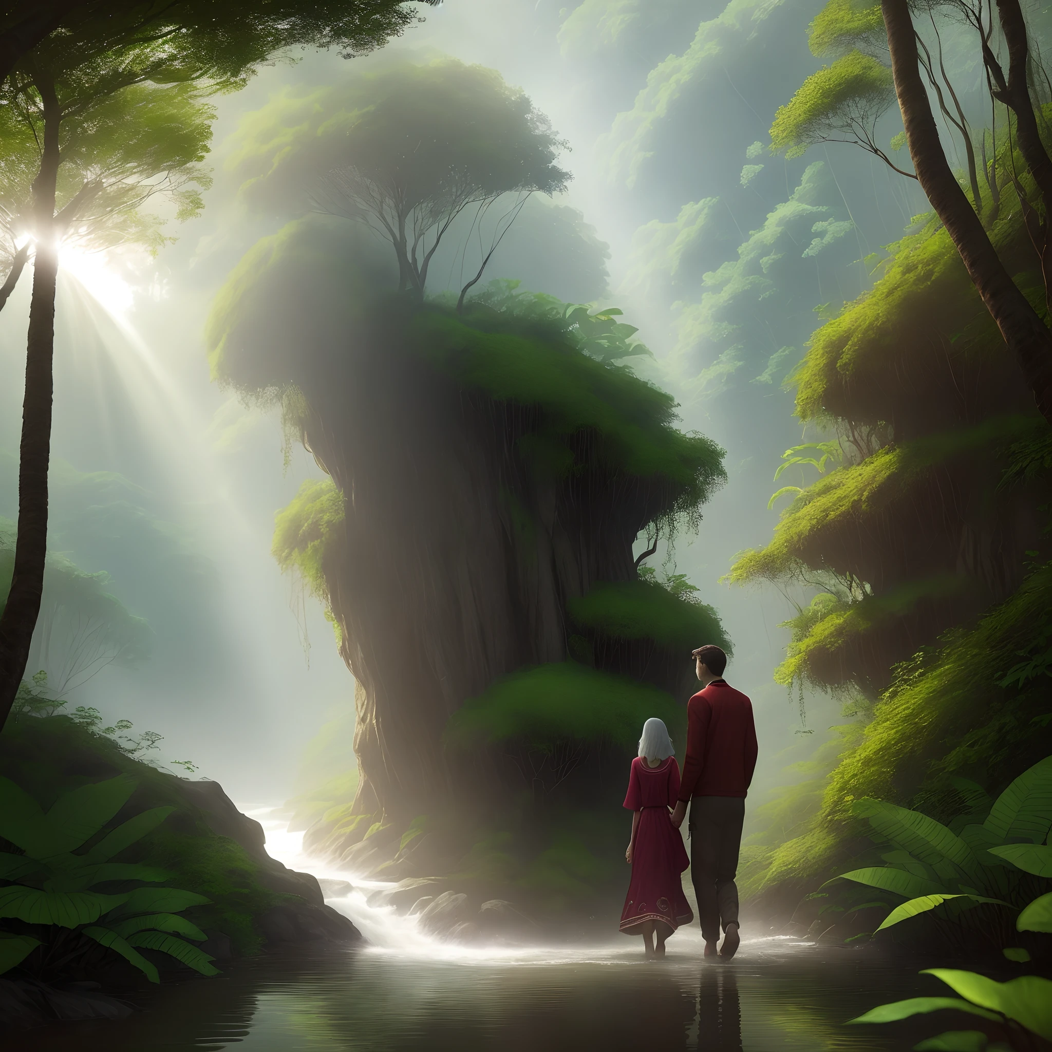 In the enigmatic depths of the Amazon Rainforest, where the lush greenery seems to hide ancient secrets, a brave adventurer named Guilherme dares to venture. His fearless spirit resonates among the towering trees, while his footprints leave a bold mark on the trail of mysteries woven by the jungle.
Under the scorching heat of the tropical sun, a woman with an enigmatic aura and amber eyes walks invisible paths. Maya, as she's known, is a living testament to the fusion between urban modernity and the indigenous heritage that courses through her veins. Her step is gentle, yet each touch on the ground is a silent exchange with the land she calls home.
In this setting where the jungle resists the intrusion of the outside world, the encounter between Guilherme and Maya is like the merging of rivers. Cultures collide and meld, like waters intertwining with the land during the flood season. Glances that meet are like branches interlocking, forming an unexpected and profound connection.
But the heart of the jungle isn't the only one pulsating with life. As Guilherme and Maya get to know each other, emotions awaken like rare flowers blooming in the forest canopy. Amid the whispers of the wind and the songs of the birds, a forbidden love starts to bloom, defying the barriers of society and fate.
The shadows of the jungle and the rays of sunlight reveal secrets and obstacles that these two hearts will have to face. Just as dense vegetation finds space to grow among the trees, love between Guilherme and Maya finds room to flourish, despite adversities.
The Amazon Rainforest, a living, breathing ecosystem, watches the unfolding of this story. Each murmur of the river seems to carry the voices of those who inhabited it for centuries. The natural backdrop becomes a reflection of feelings, with storms mirroring the turbulence of the heart and clear days symbolizing moments of clarity.
In the aged pages of Maya