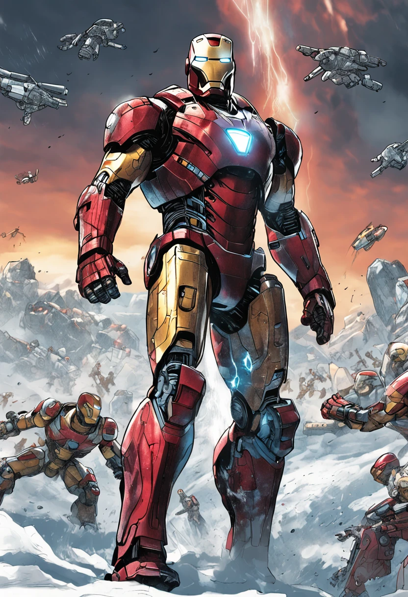 Ironman battling an army of robots on a snowy battlefield, cuerpo completo, lejos, AB JLEE3, Intrincados detalles faciales para todos los personajes, Ojos, nariz y boca expresivos, un-zoom, by Jim Lee right profile centered visual key intricate highly detailed stunning lineart precise vibrant cinematic panoramic