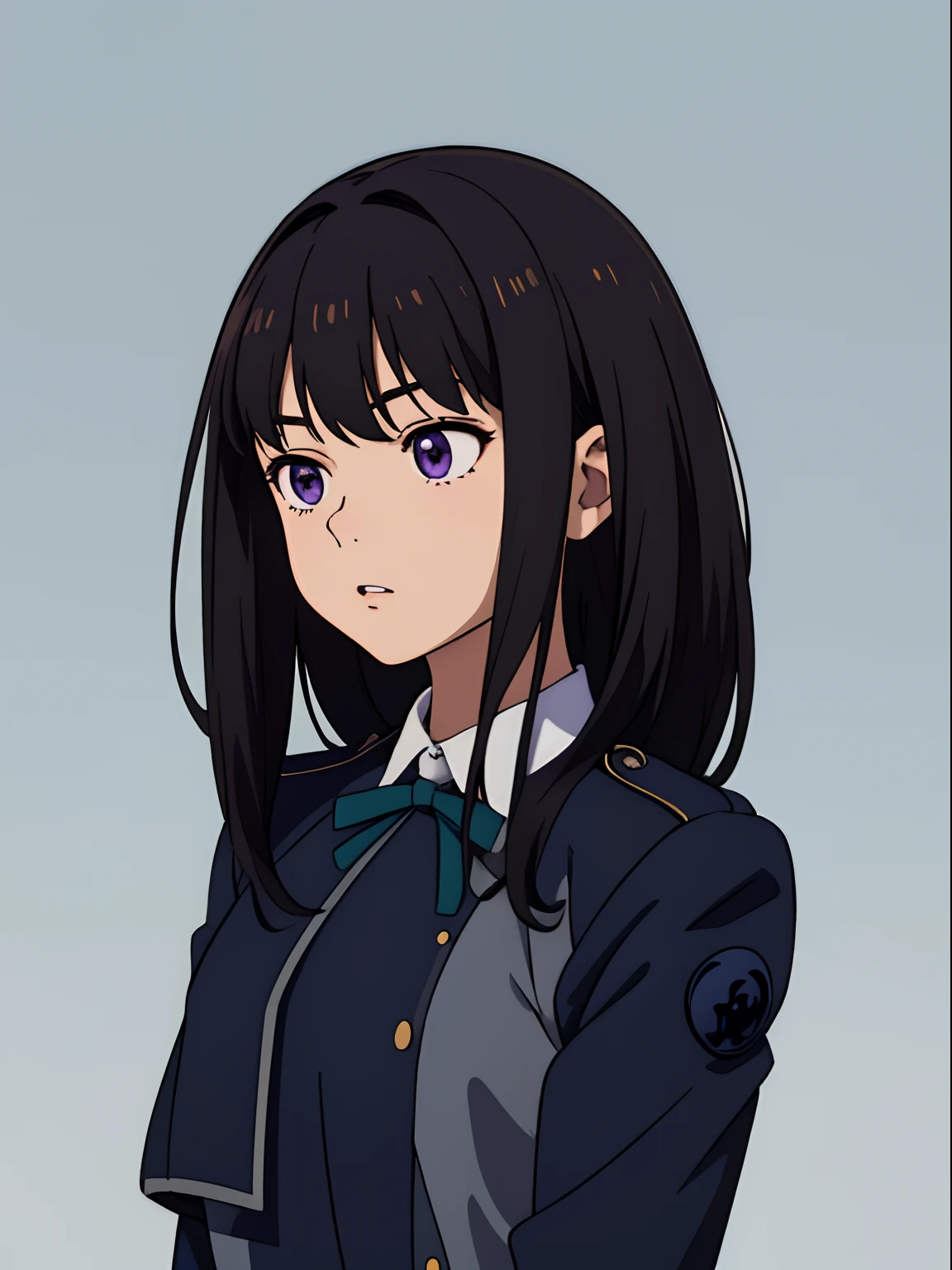 simple background、(​masterpiece、top-quality:1.2)、((facing front:1.2))、With bangs、Young woman at 17 years old、((The upper part of the body:1.2))、Promotional Art、offcial art、Dark blue uniform、long-sleeve、Y shirt、Green Tie Ribbon、bangss、A dark-haired、Longhaire、Purple eyes