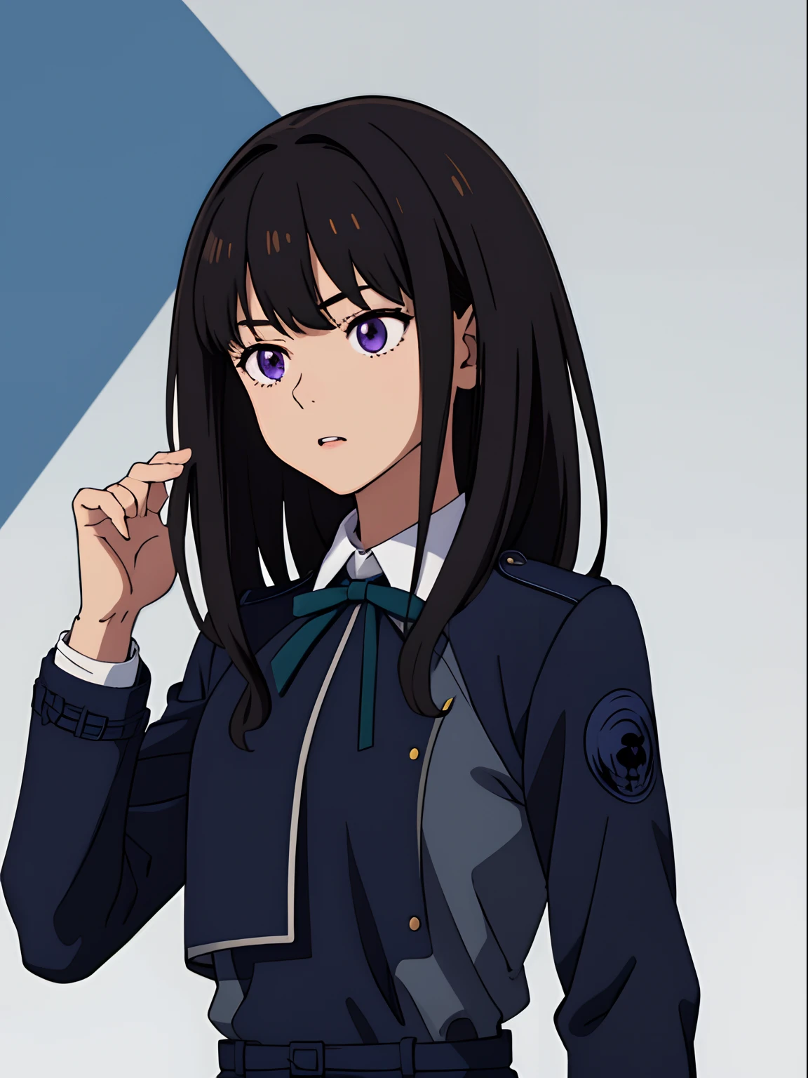 simple background、(masterpiece、top-quality:1.2)、((facing front:1.2))、With bangs、Young woman at 17 years old、((The upper part of the body:1.2))、Promotional Art、offcial art、Dark blue uniform、long-sleeve、Y shirt、Green Tie Ribbon、bangss、A dark-haired、Longhaire、Purple eyes