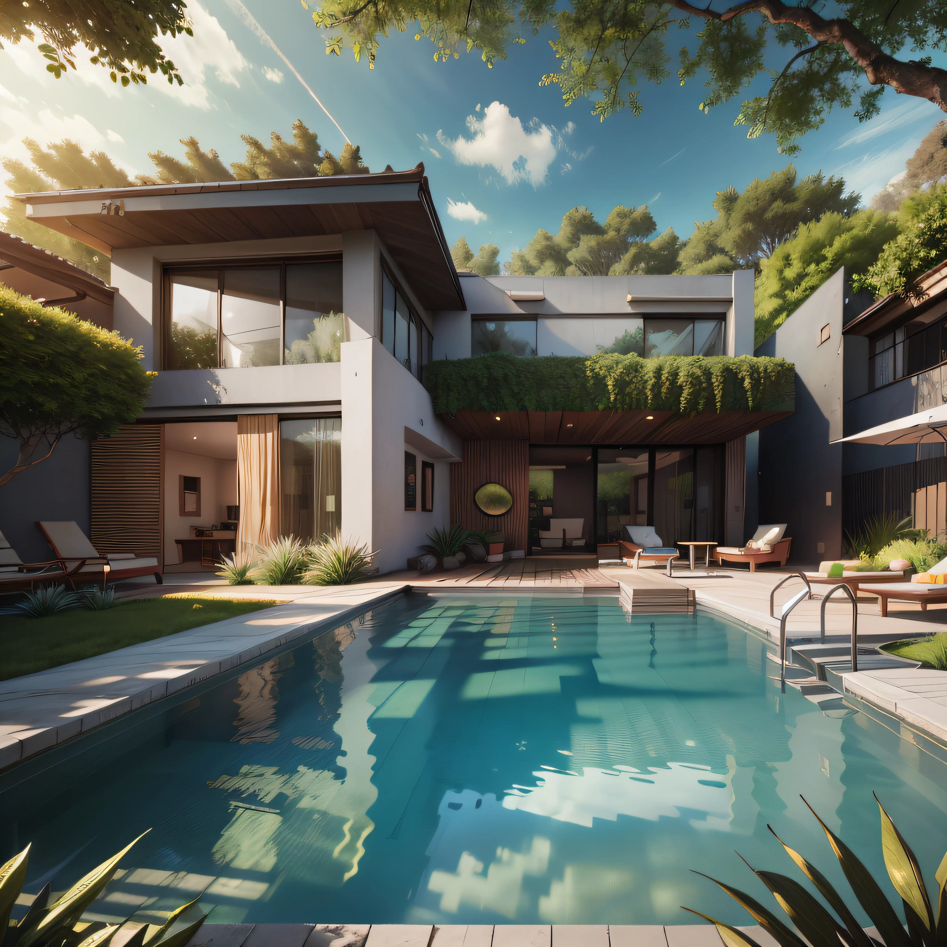 Organic modern architecture on a fairly large plot, There is a swimming pool in the middle of a large one-story house, cor da casa em vigas marrom chocolate e preto, large modern residence, telhados planos e jardim, render luxcore, render oktane, a photorealistic rendering, architectural render, mantra rendering, architectural render, realism rendering, architectural visualisation, piscina de bem-estar, architectural visualisation, grandes zonas verdes, com pequenas zonas de flores de lavanda, arbustos verdes tipo exuberante jardim verde, swimming pool embedded in an area of sand, oliveiras e pinheiros ao redor da casa,