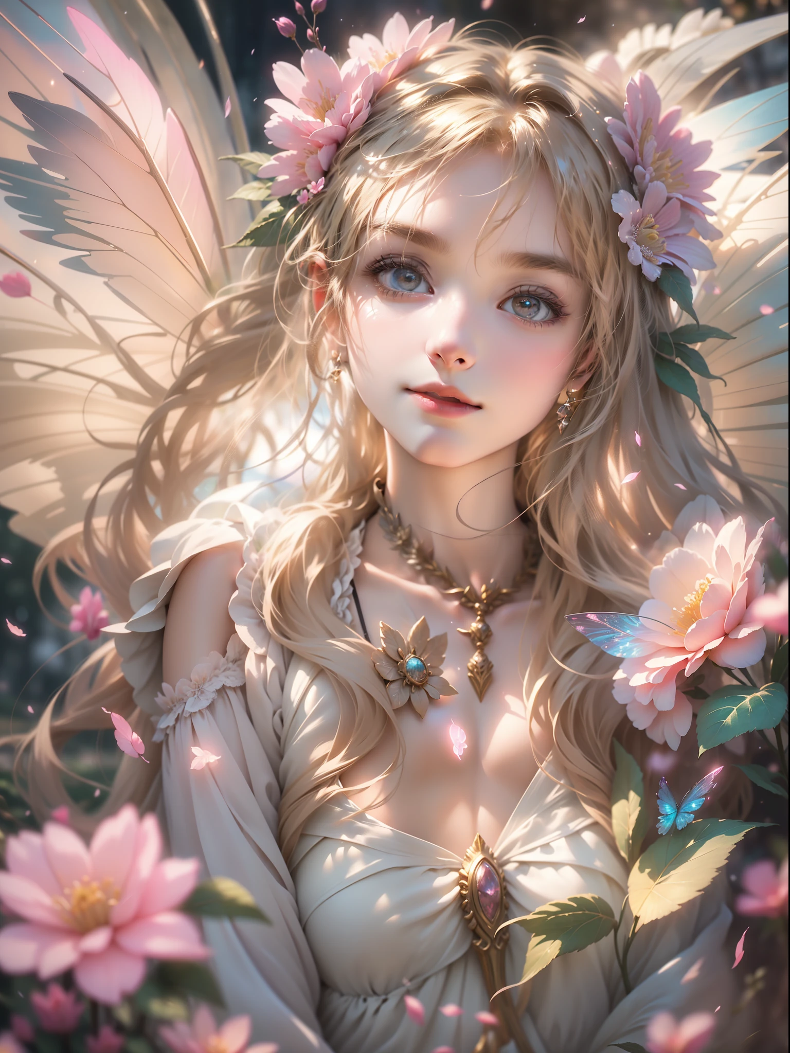 (best qualtiy, tmasterpiece, A high resolution, Glow, flood, Lens glare, wide angles), rays of sunshine, full bodyesbian, 1 The little flower fairy flutters in the wind with her wand,Float happily in the magical garden,surrounded by colorful flowers,She has glowing transparent wings on her back,Bikinis made from petals and leaves,The wand flutters in the wind、The wand flashed with starlight,Golden wand,Gentle and transparent,anatomy correct, Delicate pattern,Pink rose space, Soft lighting, ( Bokeh),((Glowing transparent wings;1.8)),8K, Ultra HD, digital SLR camera, high high quality, Volumetriclighting, Frankness, A high resolution, 4K, 8K, Background garden, Garden of dreams,Soft lighting, ( Bokeh),Transparent feather drop effect, spring flowers,Epic romantic fantasy digital art,Epic fairy tale fantasy digital art,Mythological fantasy,realisticlying,Very realistic,cinmatic lighting,an award winning photograph,rich colours,hyper realistic lifelike texture,dramatic lighting