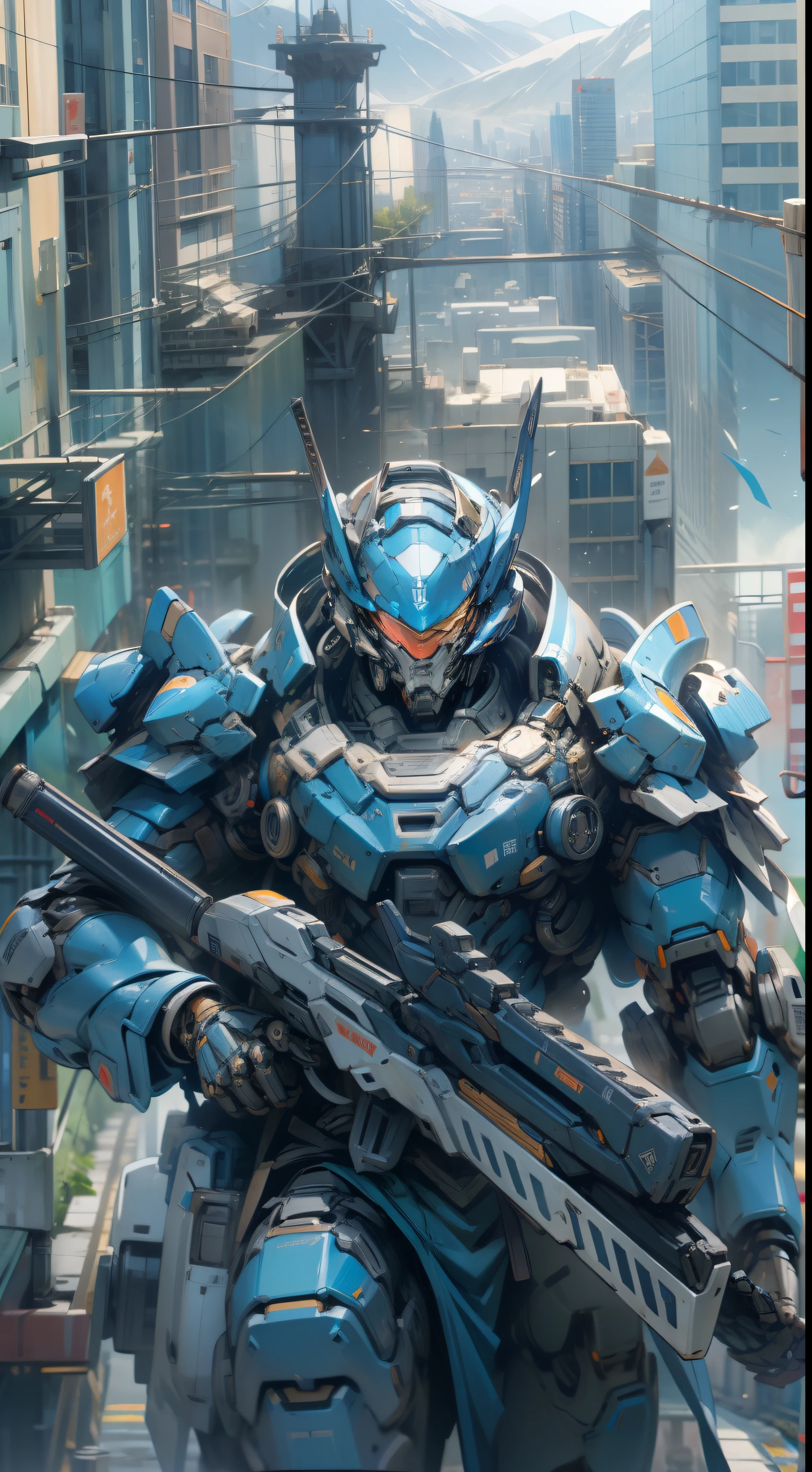 (masterpiece, best quality), Mechanical soldier , silver and dark blue armor, on the city, behind the mountains,