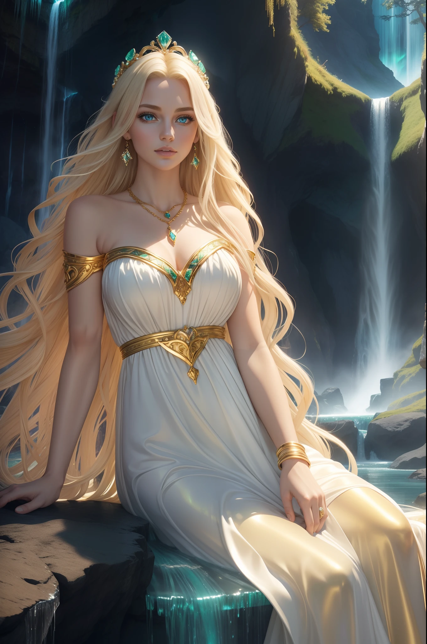 a very beautiful goddess, full lips, blue eyes, blond flowing hair, full body, sitting next to shiny waterfall in a dark cave, a golden white dress, emerald heart necklace, emerald crown, arm cuffs, holding golden shiny heart, northern lights sky, deem light, soft light, magical scenery, high quality, best quality