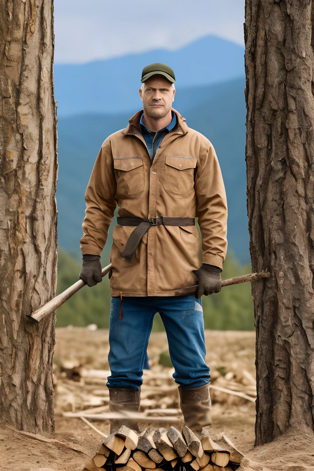 blond man, 35 years, chopping wood ex military in mountains , HQ, Full HD, realistic, 3d, 8k --auto --s2