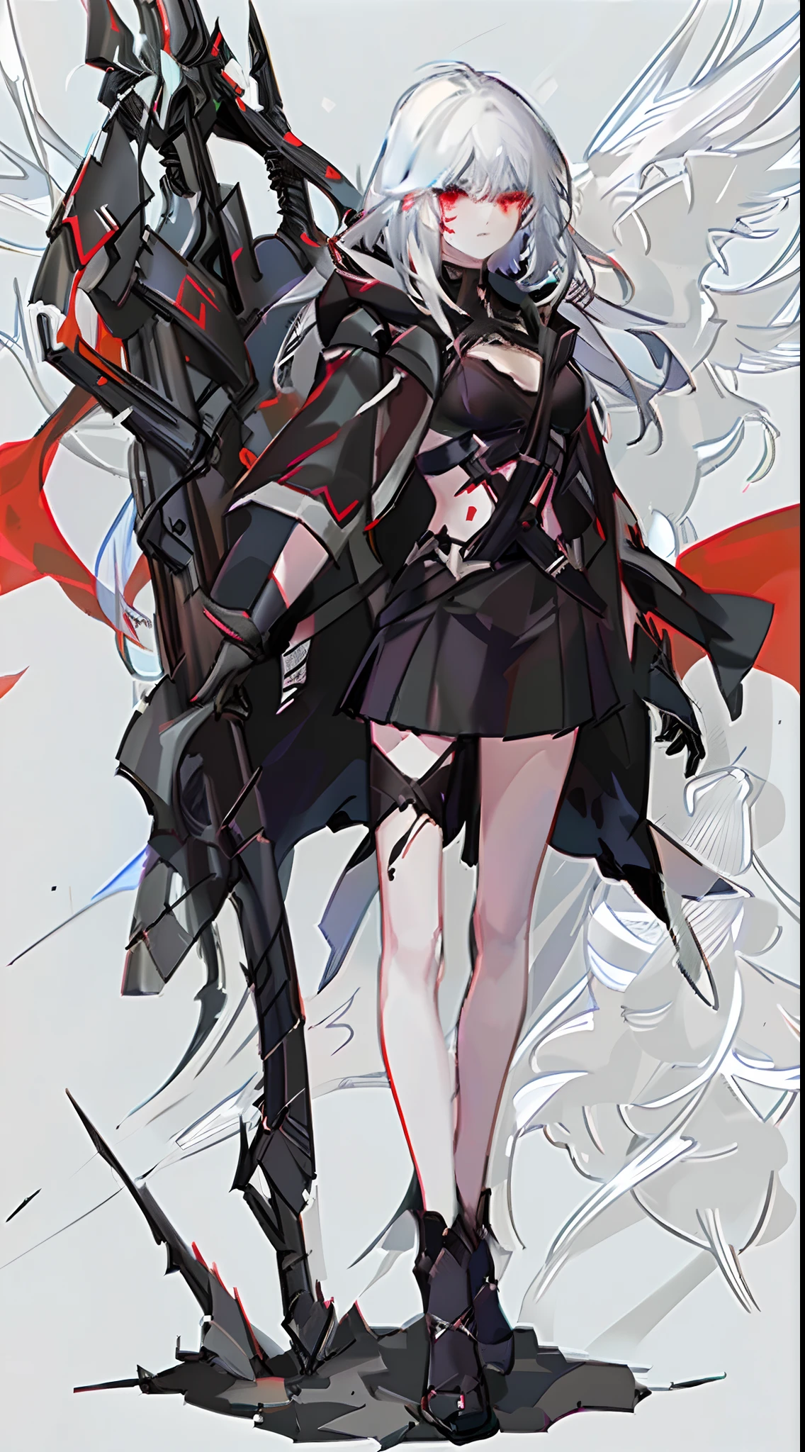 a woman wearing a black jacket and red shirt holding a crossbow, best quality, intricate details, chromatic aberration, hand drawn, 1girl, white hair, red highlights, red eyes, sharp eyes, choker, neon shirt, torn legwear, ((modern city background))