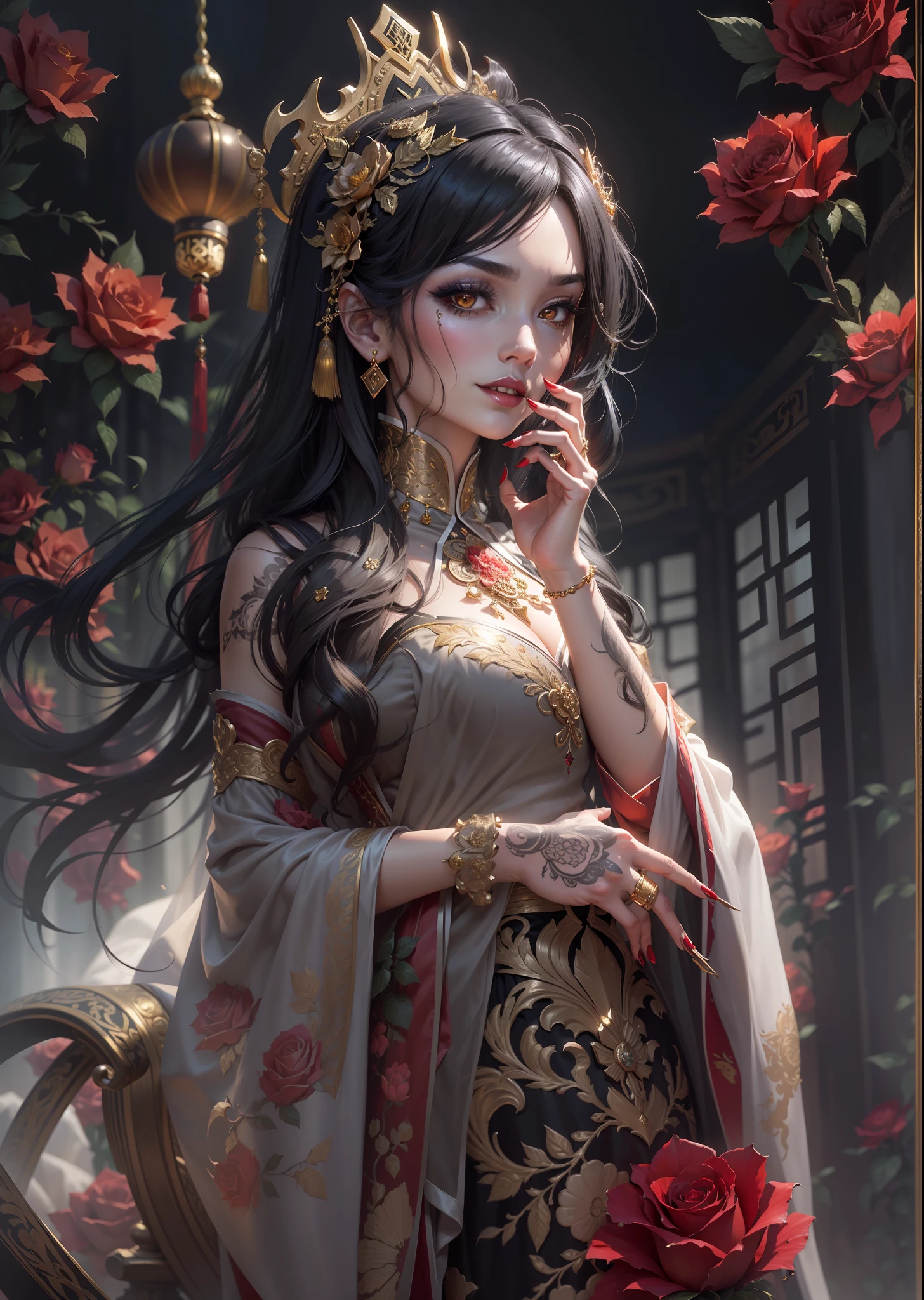 ((masterpiece, gothic sudectress detailed)), (dramatic), illustrations, solo, (original), (very detailed wallpaper), photographic reality, very detailed illustrations, (super-complex detail), (delicate face, revealing clothing), perfect detail features, perfect detail, (super complex details), (best lighting), 1girl, (mid shot:1.3), ((traditional:1.5), (Chinese queen throne, gold intricate details, red roses:1.2), (vampire girl:1.3), (bedazzle:1.2), (ancient:1.1)), (long black hair:1.1), (sinister smile:1.2)(elaborate hair accessory), (dazzling jewelry),(foggy atmosphere), (mystical lighting:1.1), (HD rendering), (detailed textures), (fine brush strokes), (solo pose:1.1), (exquisite dress:1.2), (intricate embroidery:1.1),(beautiful makeup, deep mascara:1.2), (decorative hairpin), (tattooed hands),The Chinese vampire stood in the misty Queens lair, her long black hair flowing down her back. She was seductively dressed in an exquisite Lolita dress with intricate gold embroidery, and her ghoulish makeup made her look even more frightening. In her clawed hands, she held a decorative hairpin. The elaborate hair accessory and dazzling jewelry she wore enhanced her appearance. Dynamic cinematic lighting added to the atmosphere. The HD rendering and fine brush strokes brought out the intricate details and textures of her dress and the embroidery.