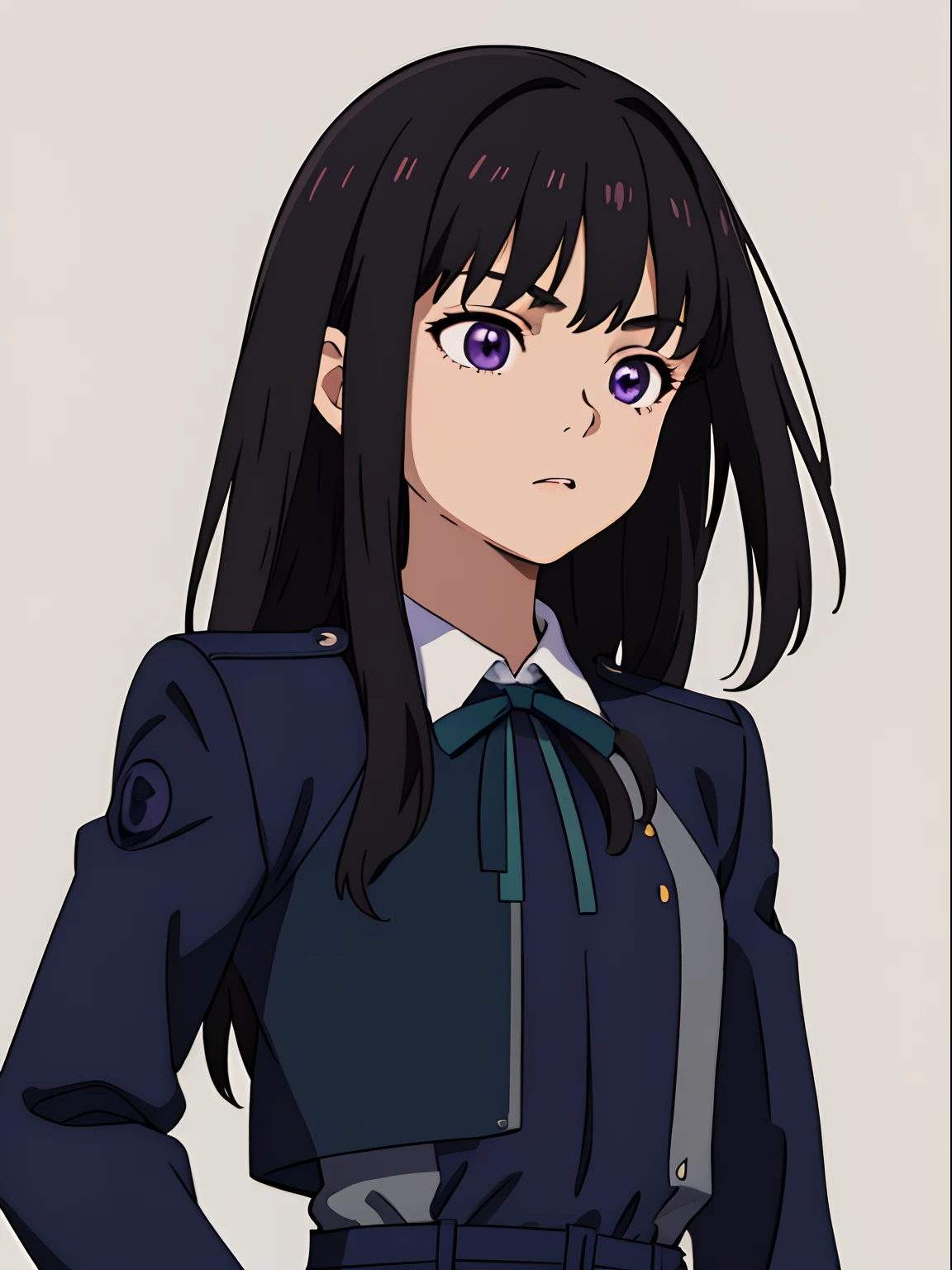 simple background、(masterpiece、top-quality:1.2)、((facing front:1.2))、With bangs、Young woman at 、((The upper part of the body:1.2))、Promotional Art、offcial art、Dark blue uniform、long-sleeve、Y shirt、Green Tie Ribbon、bangss、A dark-haired、Longhaire、Purple eyes