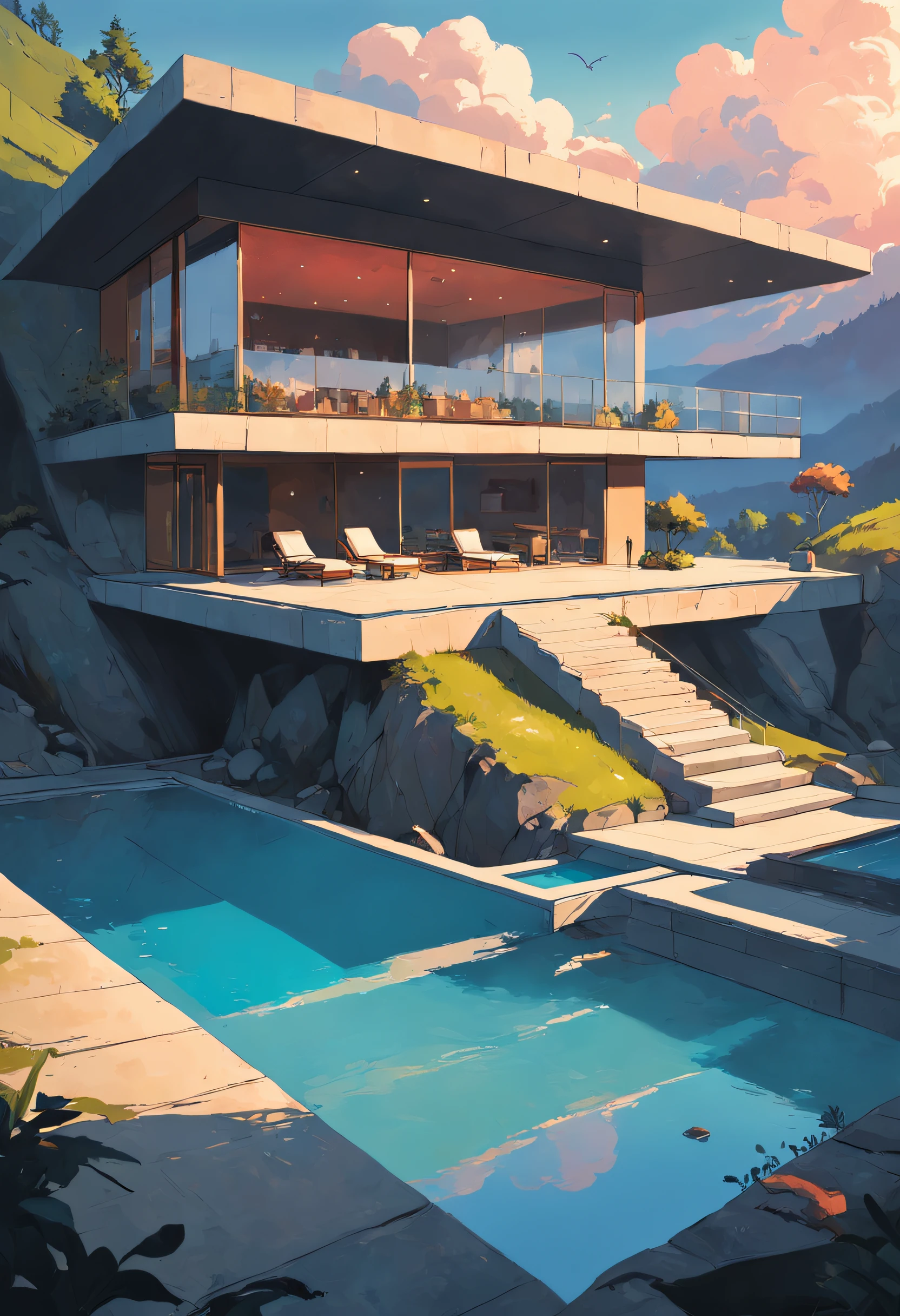 (((An amazing house))), (minimalism and brutalism style influence), (((with terraces))), (beautiful gardens), ((pool)), ((in top of big boulders)), (in edge of a river), sunset, big, deep and beautiful clouds, illustration format, cool and warm color palete, high contarst, hard shadows (Masterpiece, highest quality), (Exquisite lighting and shadow, highly dramatic picture, Cinematic lens effect), (((Simon Stålenhag visual style)))