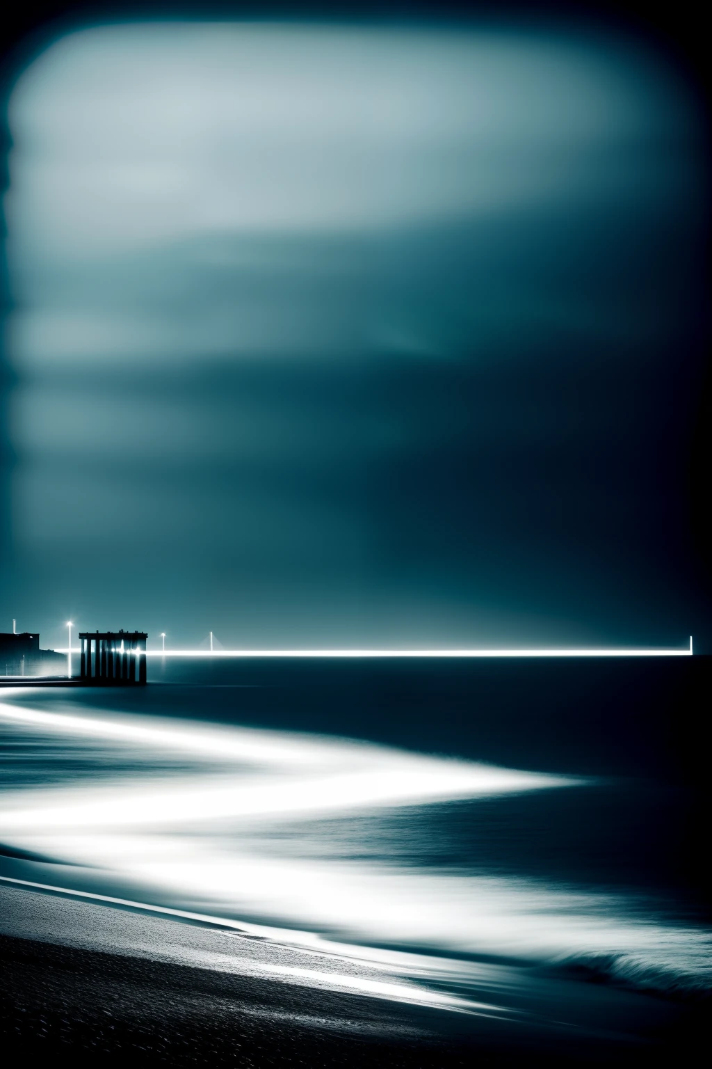 photorealestic，The seafront shrouded in darkness，lightand shade contrast，high detal，dim moonlight