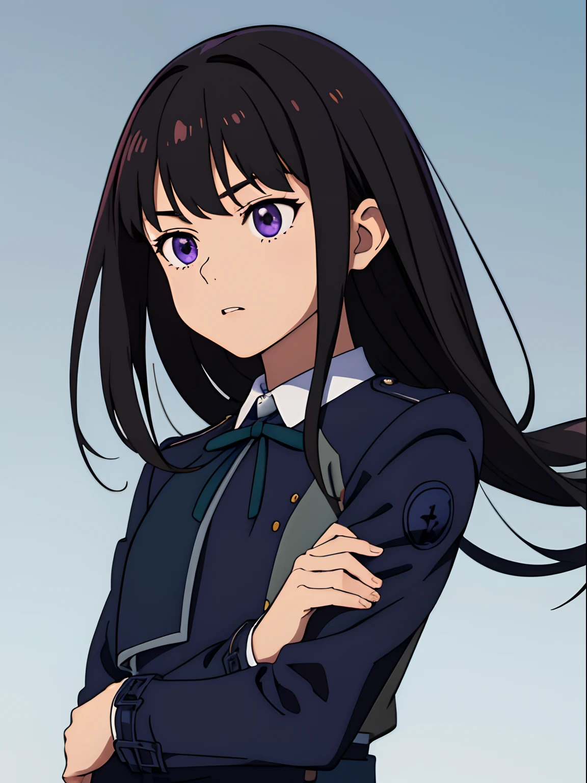 simple background、(​masterpiece、top-quality:1.2)、((facing front:1.2))、With bangs、Young woman at 17 years old、((The upper part of the body:1.2))、Promotional Art、offcial art、Dark blue uniform、long-sleeve、Y shirt、Green Tie Ribbon、bangss、A dark-haired、Longhaire、Purple eyes