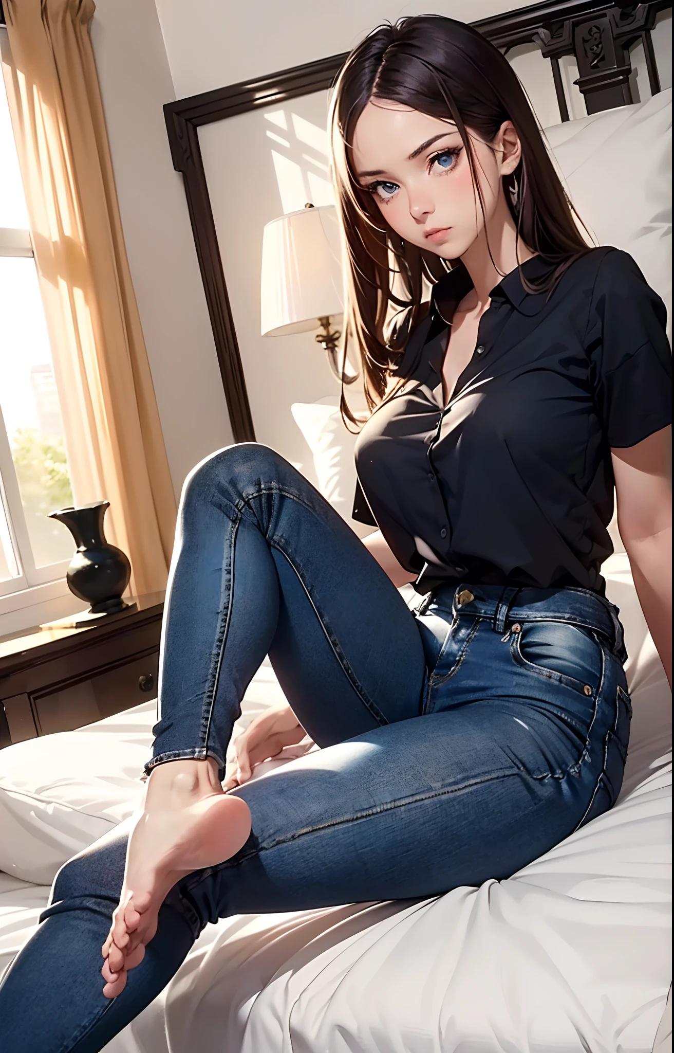 masterpiece, extremery magnificent view, perspective, extremery best quality, extremery detailed CG, 8k wallpaper, high resolution, highly detailed face, highly detailed eyes, perfect anatomy, super detailed skin,
(dynamic angle, dynamic pose:1.2), indoors, bedroom, bed and pillow, (portrait, legs focus, full body), (beautiful face, beautiful eyes, beautiful legs:1.3), looking at viewer, blush,
1 girl, solo, (black blouse, blue jeans pants:1.3), (skinny jeans:1.3), medium breasts, brown hair, long hair, floating hair, straight hair, open forehead, (barefoot), blue eyes, (on bed, lying:1.3), skinny, slender, wide hips, thin waist