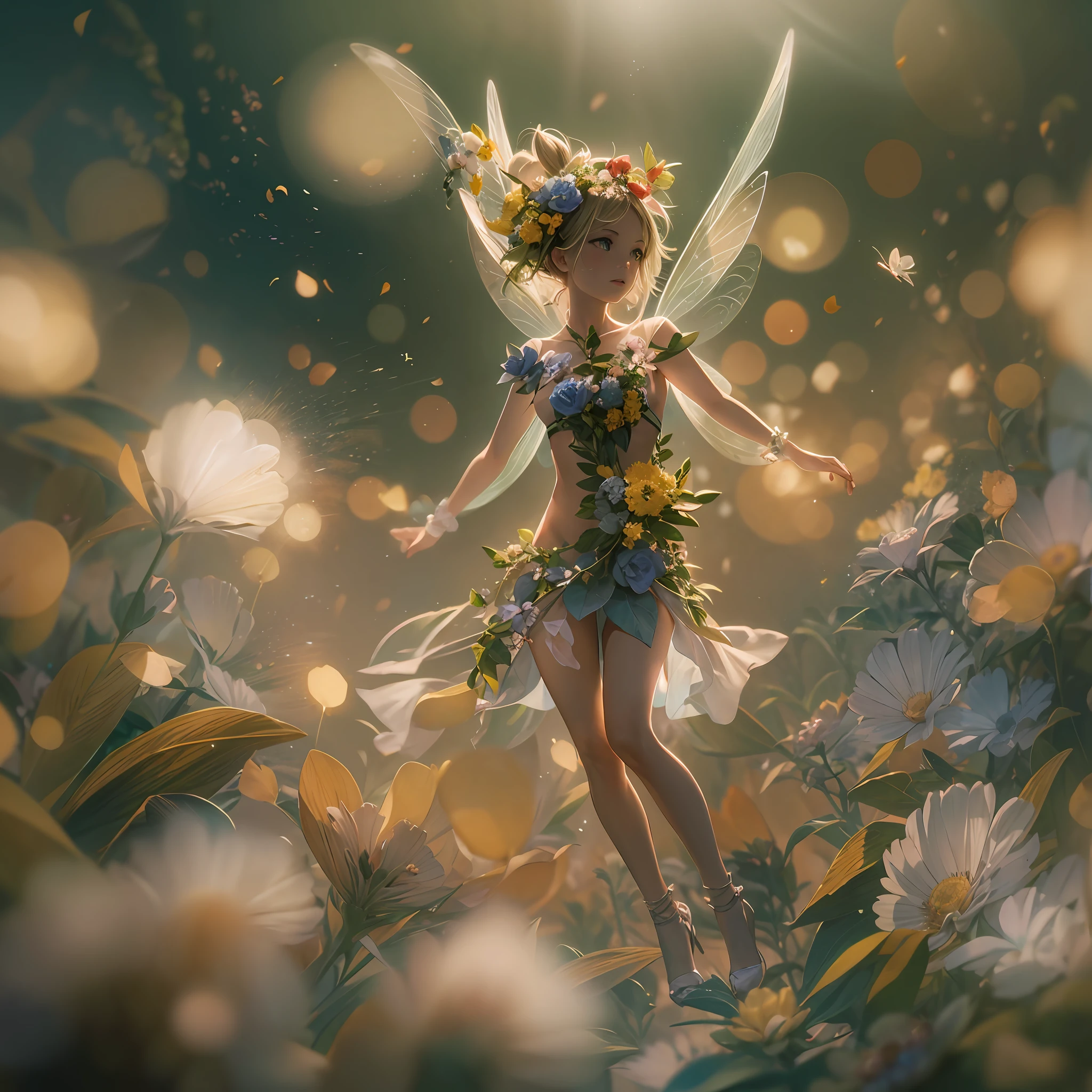 1 Flower fairies flying in the air,full bodyesbian,in a panoramic view,Multicolored transparent wings,Soft light,Bokeh,tmasterpiece,Ray traching,Cinematic lighting effects