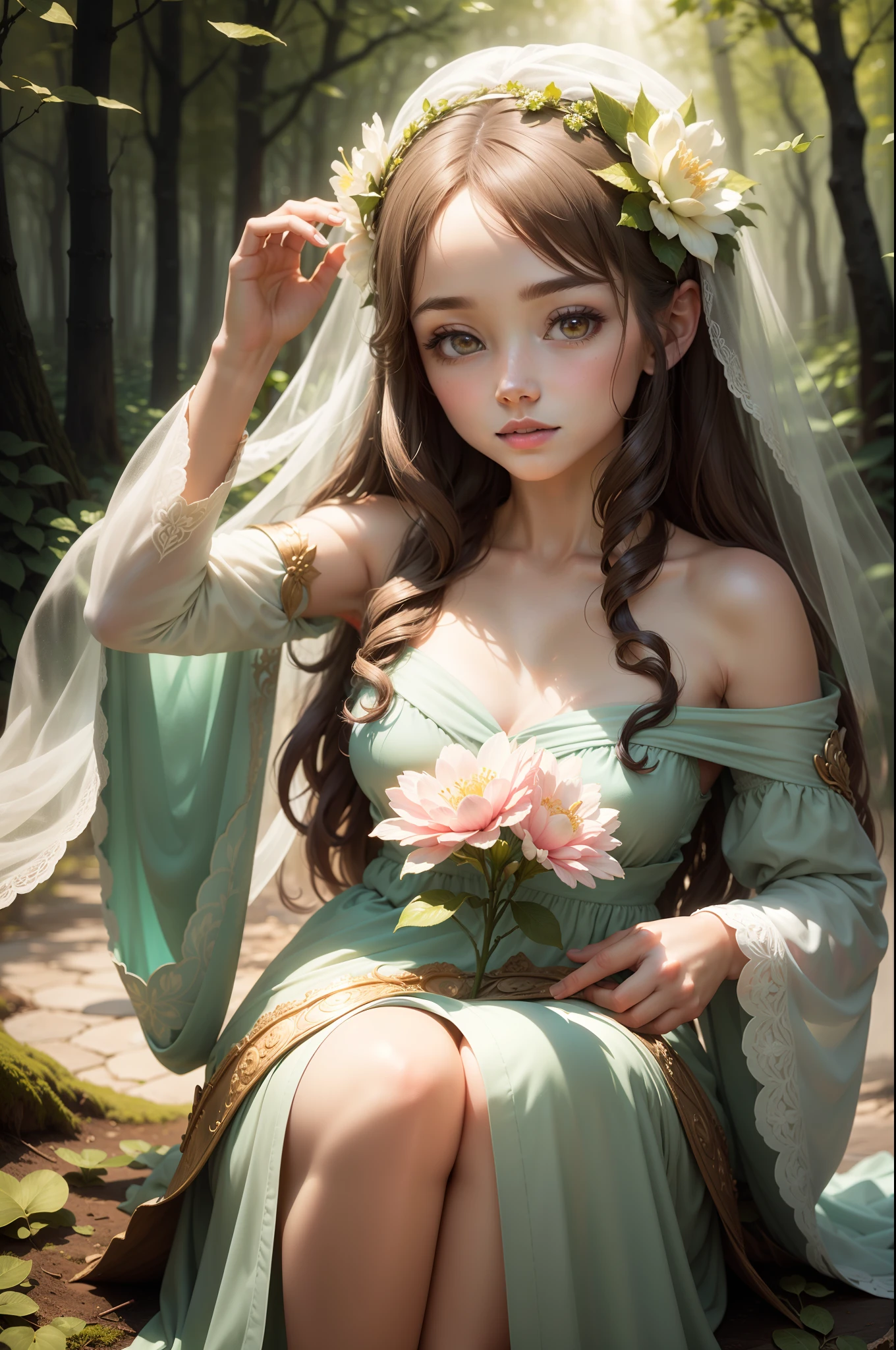 Craft an enchanting image featuring a floral fairy as the central focus. Picture a whimsical woodland scene where vibrant blooms and lush greenery create a magical backdrop. The floral fairy, a delicate and ethereal being, hovers gracefully amidst the flowers, her gossamer wings shimmering in the dappled sunlight. She wears a gown woven from petals and leaves, adorned with intricate floral patterns that mirror her surroundings.
The fairy's presence is serene and captivating, her eyes reflecting both wisdom and curiosity. She interacts harmoniously with the flora, her touch encouraging flowers to bloom and vines to intertwine. The air is alive with the sweet scent of blossoms, and soft rays of light filter through the leaves to illuminate her radiant form.
The image should capture the spirit of nature's beauty and the fairy's connection to it. Utilize a color palette that mirrors the hues of the forest and its flora, while infusing the scene with a touch of magic that evokes wonder and delight. The result should be a mesmerizing portrayal of the floral fairy, inviting viewers into her enchanting realm.