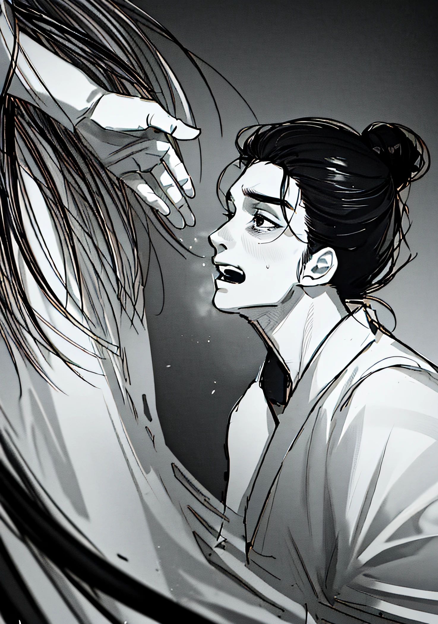 Detailed fanart,An image of a man looking at a hand,Old warm cleaning style,Black and white style,Flowing lines,Crying man,A flowing antique dress,Flowing costumes
