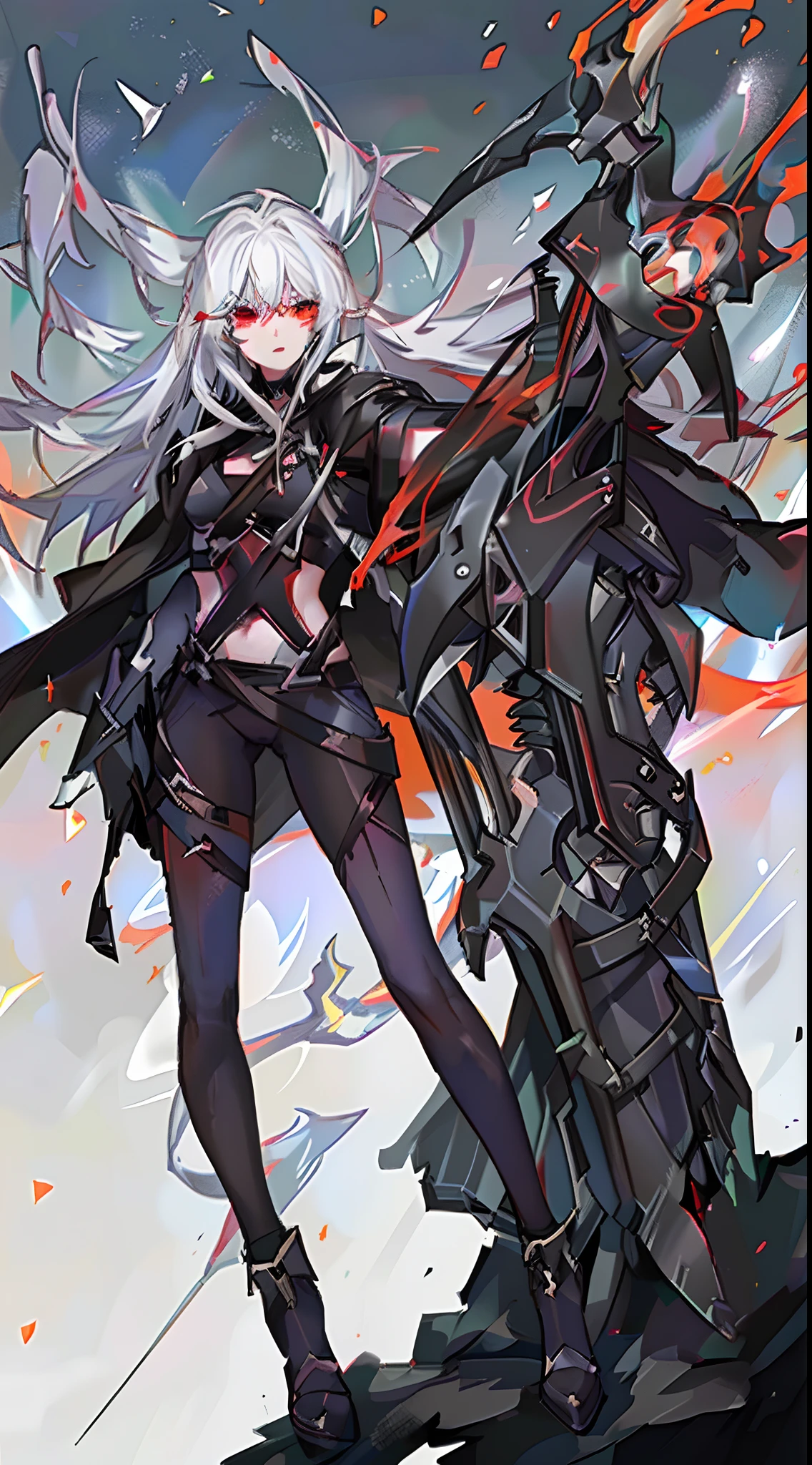 a woman wearing a black jacket and red shirt holding a crossbow, best quality, intricate details, chromatic aberration, hand drawn, 1girl, white hair, red highlights, red eyes, sharp eyes, choker, neon shirt, torn legwear, ((modern city background))