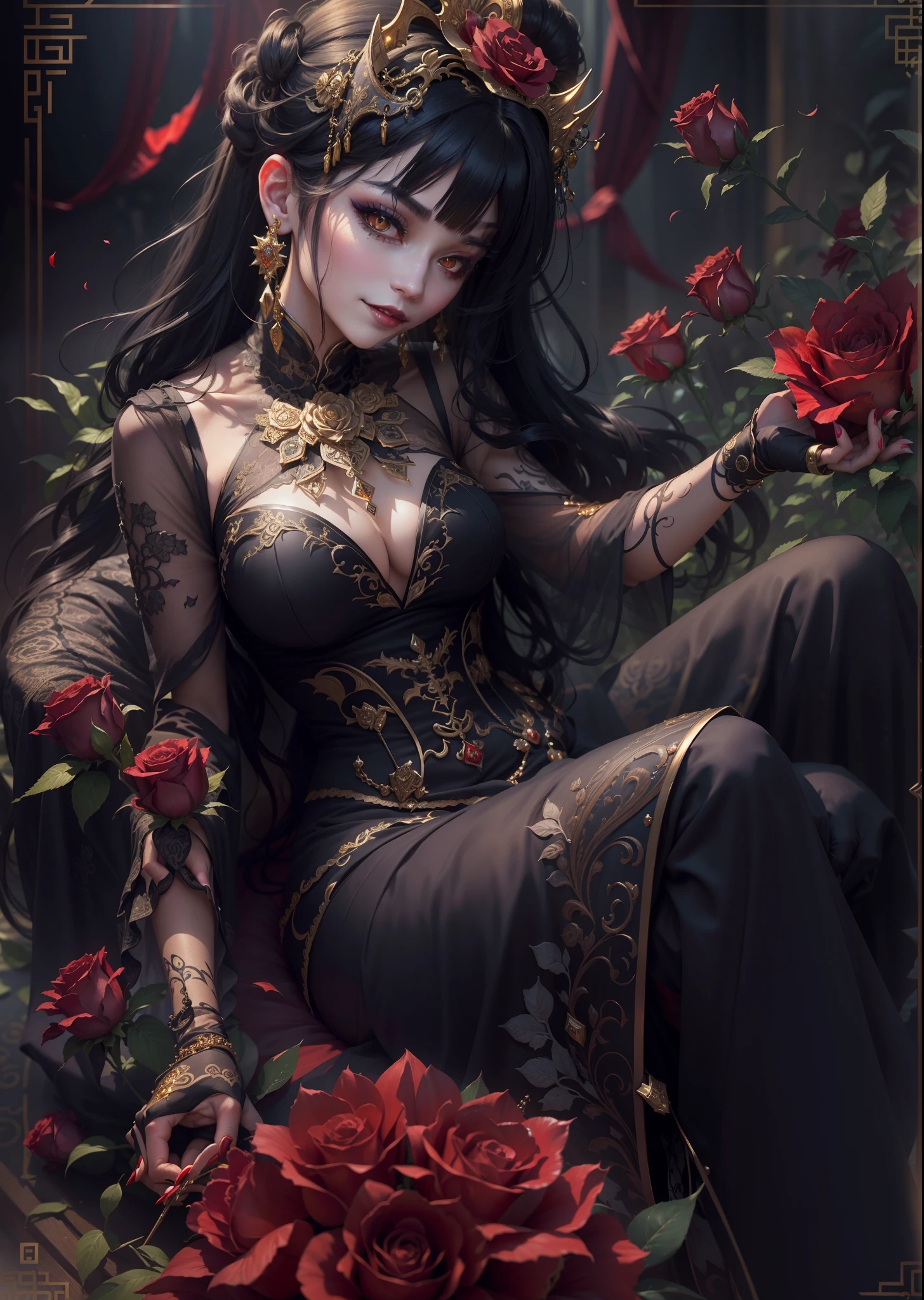 ((masterpiece, gothic sudectress detailed)), (dramatic), illustrations, solo, (original), (very detailed wallpaper), photographic reality, very detailed illustrations, (super-complex detail), (delicate face, revealing clothing), perfect detail features, perfect detail, (super complex details), (best lighting), 1girl, (mid shot:1.3), ((traditional:1.5), (Chinese queen throne, gold intricate details, red roses:1.2), (vampire girl:1.3), (bedazzle:1.2), (ancient:1.1)), (long black hair:1.1), (sinister smile:1.2)(elaborate hair accessory), (dazzling jewelry),(foggy atmosphere), (mystical lighting:1.1), (HD rendering), (detailed textures), (fine brush strokes), (solo pose:1.1), (exquisite dress:1.2), (intricate embroidery:1.1),(beautiful makeup, deep mascara:1.2), (decorative hairpin), (tattooed hands),The Chinese vampire stood in the misty Queens lair, her long black hair flowing down her back. She was seductively dressed in an exquisite ta dress with intricate gold embroidery, and her ghoulish makeup made her look even more frightening. In her clawed hands, she held a decorative hairpin. The elaborate hair accessory and dazzling jewelry she wore enhanced her appearance. Dynamic cinematic lighting added to the atmosphere. The HD rendering and fine brush strokes brought out the intricate details and textures of her dress and the embroidery.