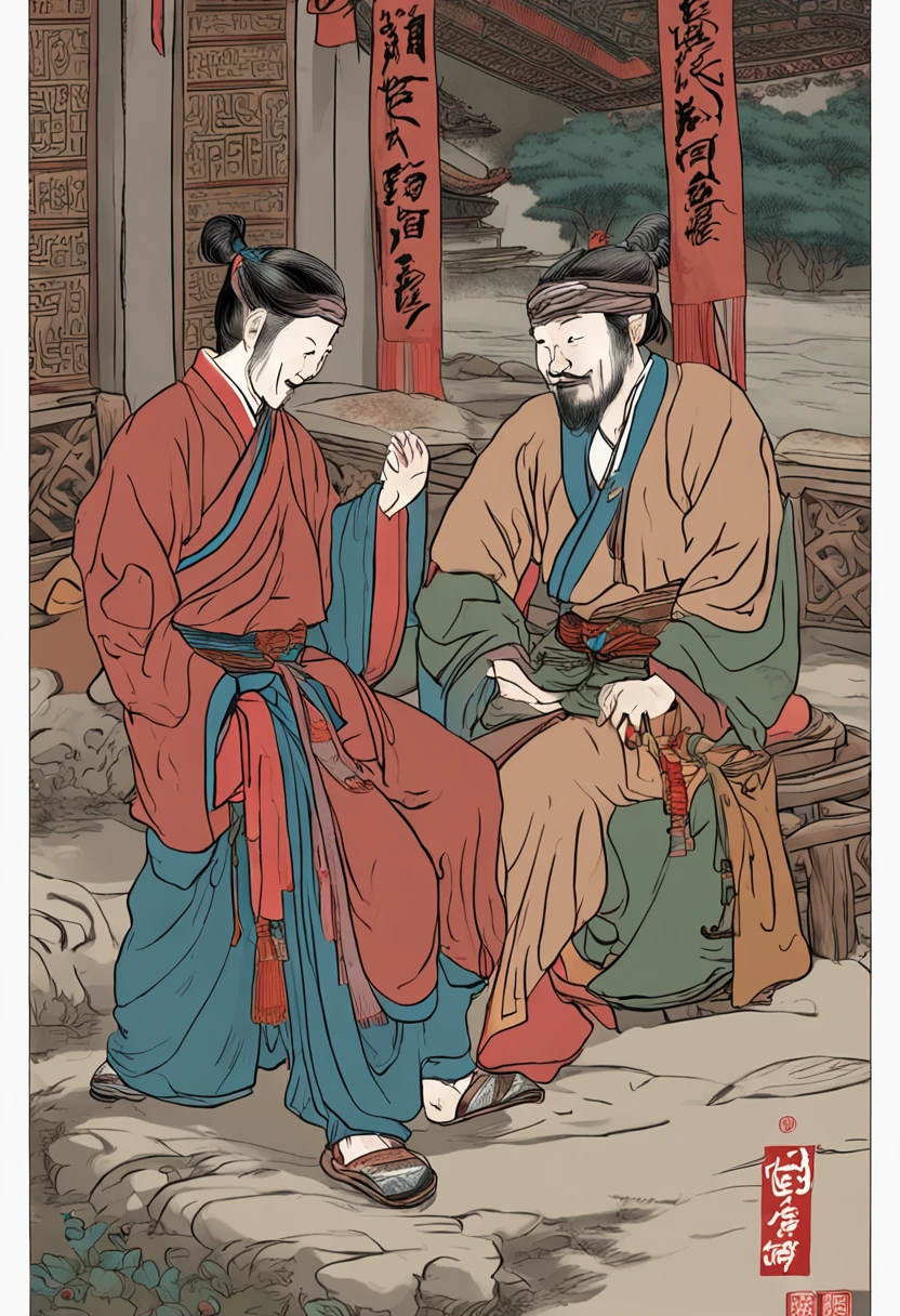 Three -yeld boSong dynasty costumes,Song Dynasty literati costumes,kneeling to sitting on the ground,They all had bowls of wine in their hands,In the center is the protagonist,The characters on the left and right sides are somewhat similar,
