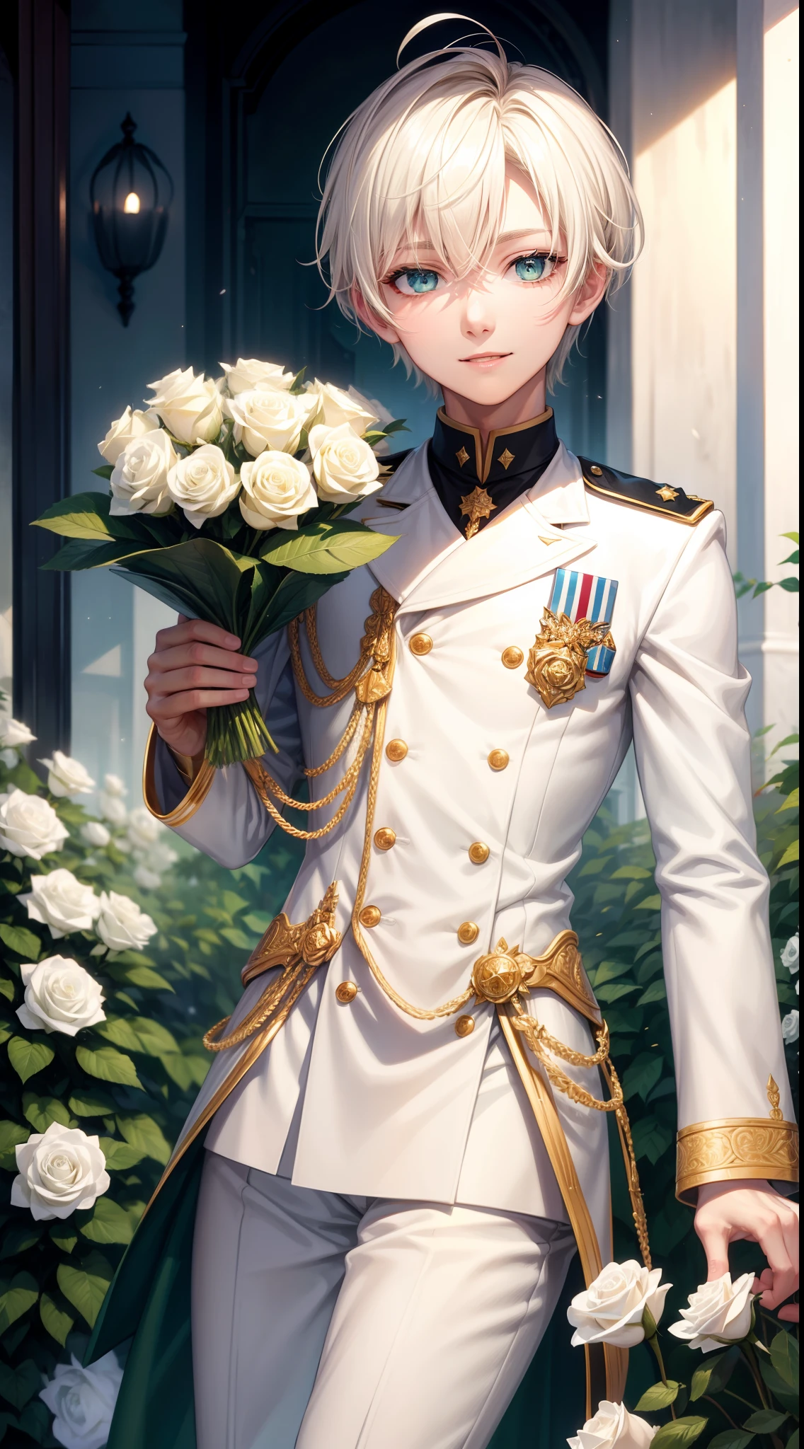 Young guy, short blonde hair with white strands, Green eyes, white officer's uniform, ssmile, White rose in hand, Crystal Rose, Masterpiece, hiquality
