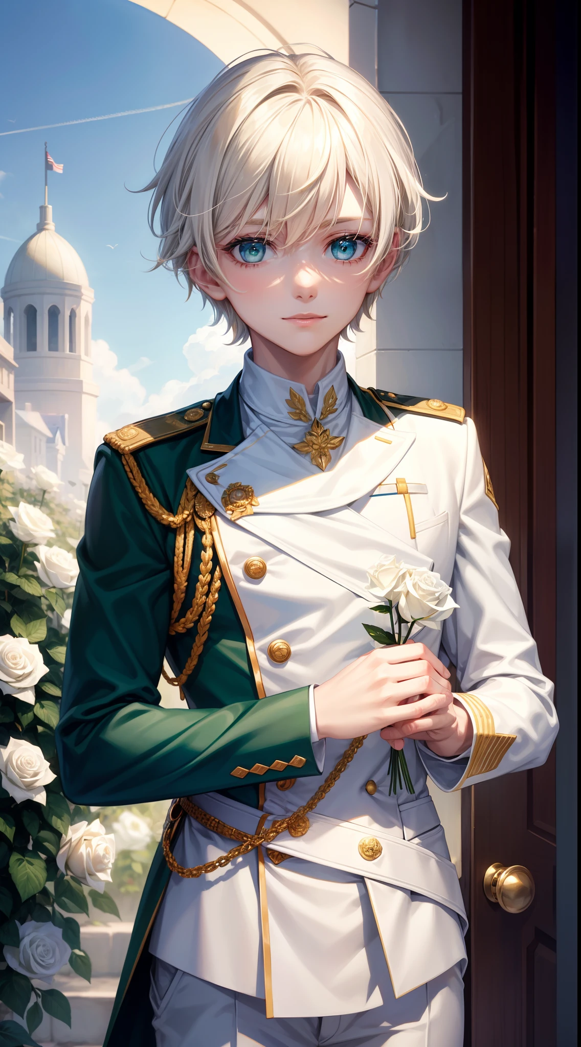 Young guy, short blonde hair with white strands, Green eyes, white officer's uniform, ssmile, White rose in hand, Crystal Rose, Masterpiece, hiquality