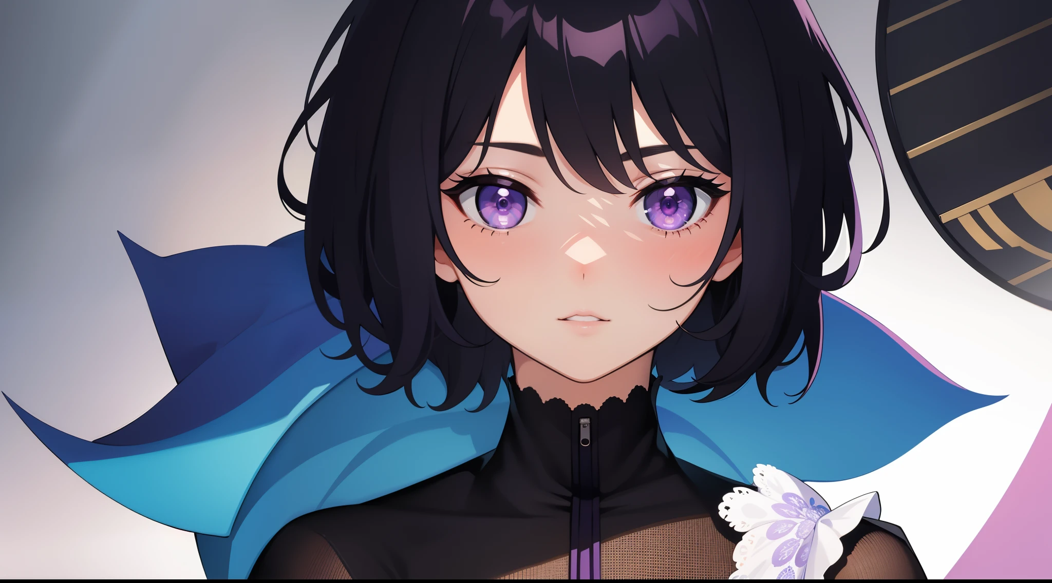{{masterpiece}}, {{{best quality}}}, {{ultra-detailed}}, {{illustration}}, {{{1girl}}}, short hair,purple eyes,black hair,
