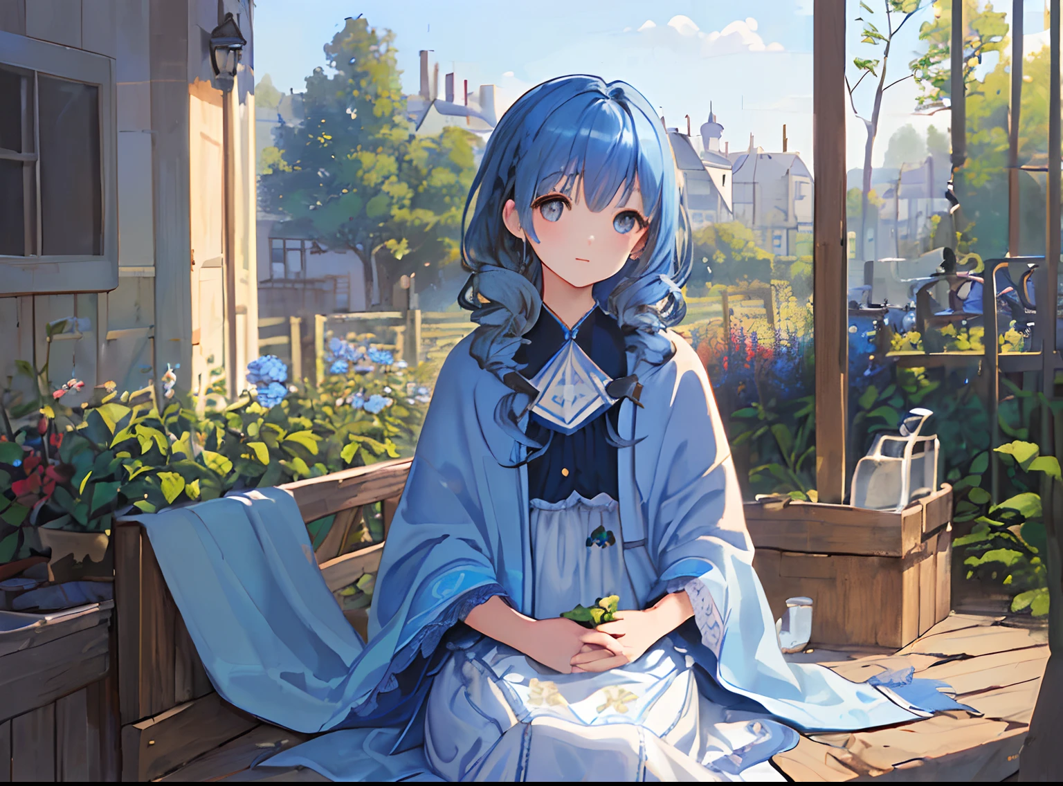 (Masterpiece, Best quality:1.3), ((illustration), Detailed eyes, Detailed face, ((still-life)), ((1 Charming blue-haired girl)), ((Peaceful)),, Brown eyes, Curly hair, (blanket), Blue pattern, ((soft)), (mid afternoon), Garden view,