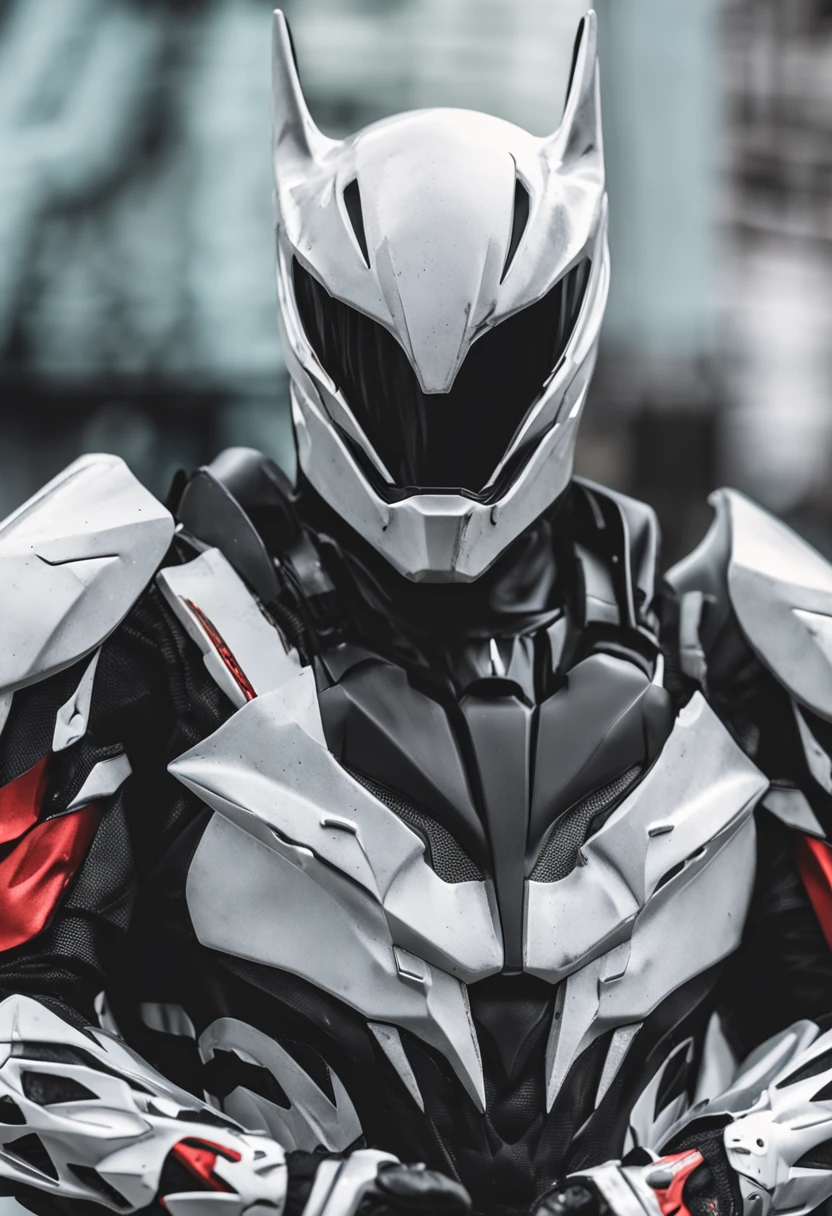 Kamen Rider costumed as batman, full white color, high tech, cyberpunk style , face detailed, realistic, standing , full body
