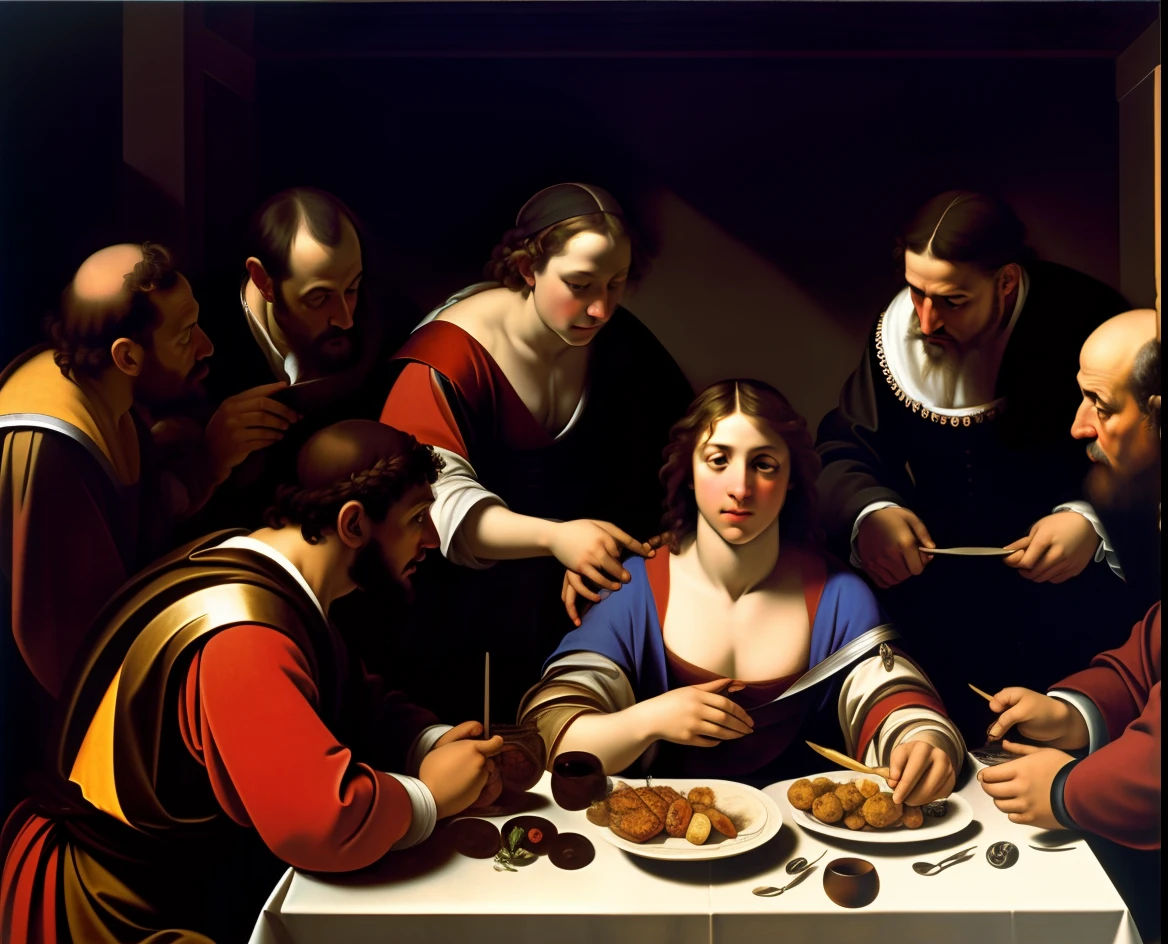pintura de jesus e um grupo de pessoas comendo comida em uma mesa, estilo caravaggio, by Michelangelo Merisi da Caravaggio, Estilo de Caravaggio, Michelangelo da Caravaggio, Caravaggio e Artgerm, por caravaggio, Cidade de Bartolomeo, inspirado em Caravaggio, em estilo de caravaggio, Directed by: Bartolomeo Vivarini, Directed by: Giovanni Lanfranco