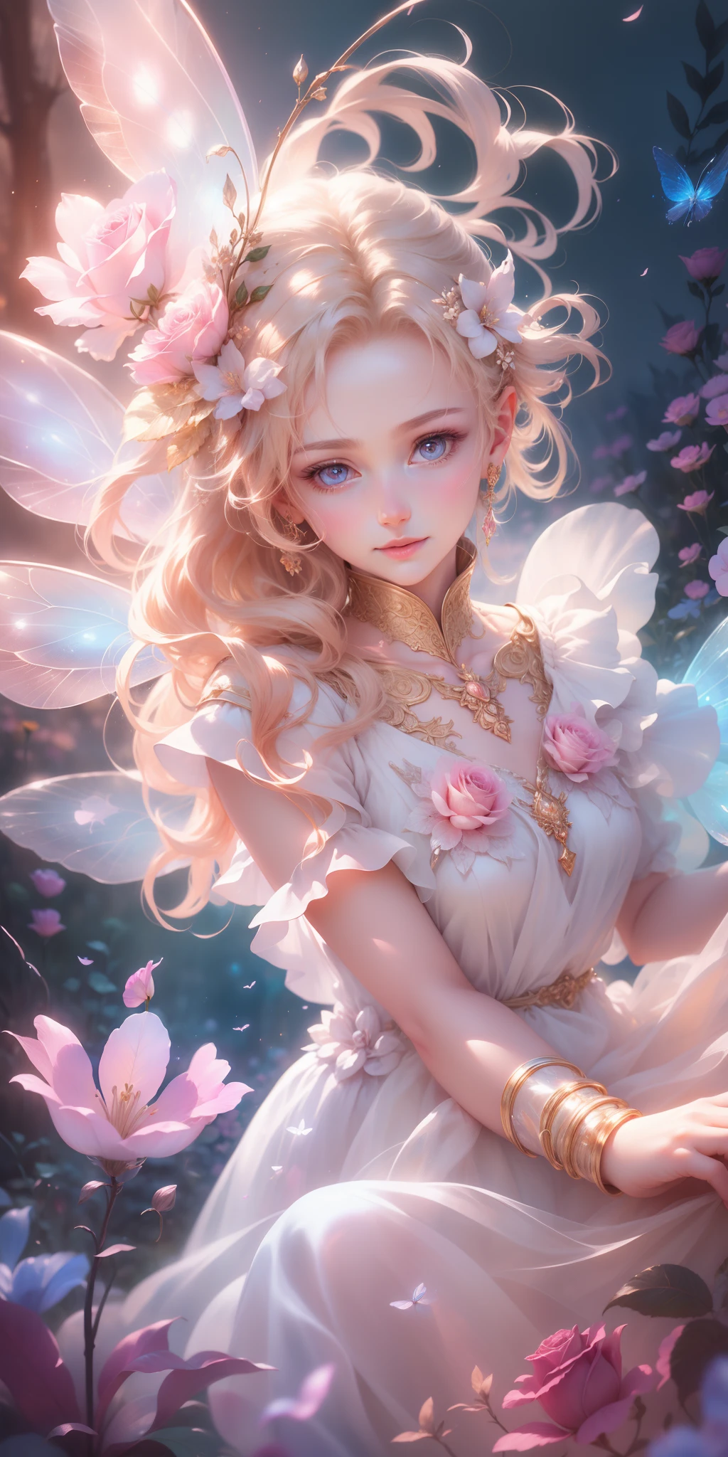 Beautiful transparent flower fairy , Transparent colorful wings, The wand flutters in the wind､The wand flashed with starlight，Golden wand，Beautiful blue sky and white clouds、Girls have transparent wings､kindly smile､Beautiful garden background､Gentle and transparent，anatomy correct, Delicate pattern，Pink rose space, Soft lighting, ( Bokeh)，Masterpiece, Super detailed, Epic composition, Highest quality, 8K，Epic romantic fantasy digital art，Epic fairy tale fantasy digital art，Mythological fantasy，UHD resolution，Detailed detail drawing，realisticlying，Very realistic，cinmatic lighting,an award winning photograph,rich colours，hyper realistic lifelike texture，dramatic  lighting