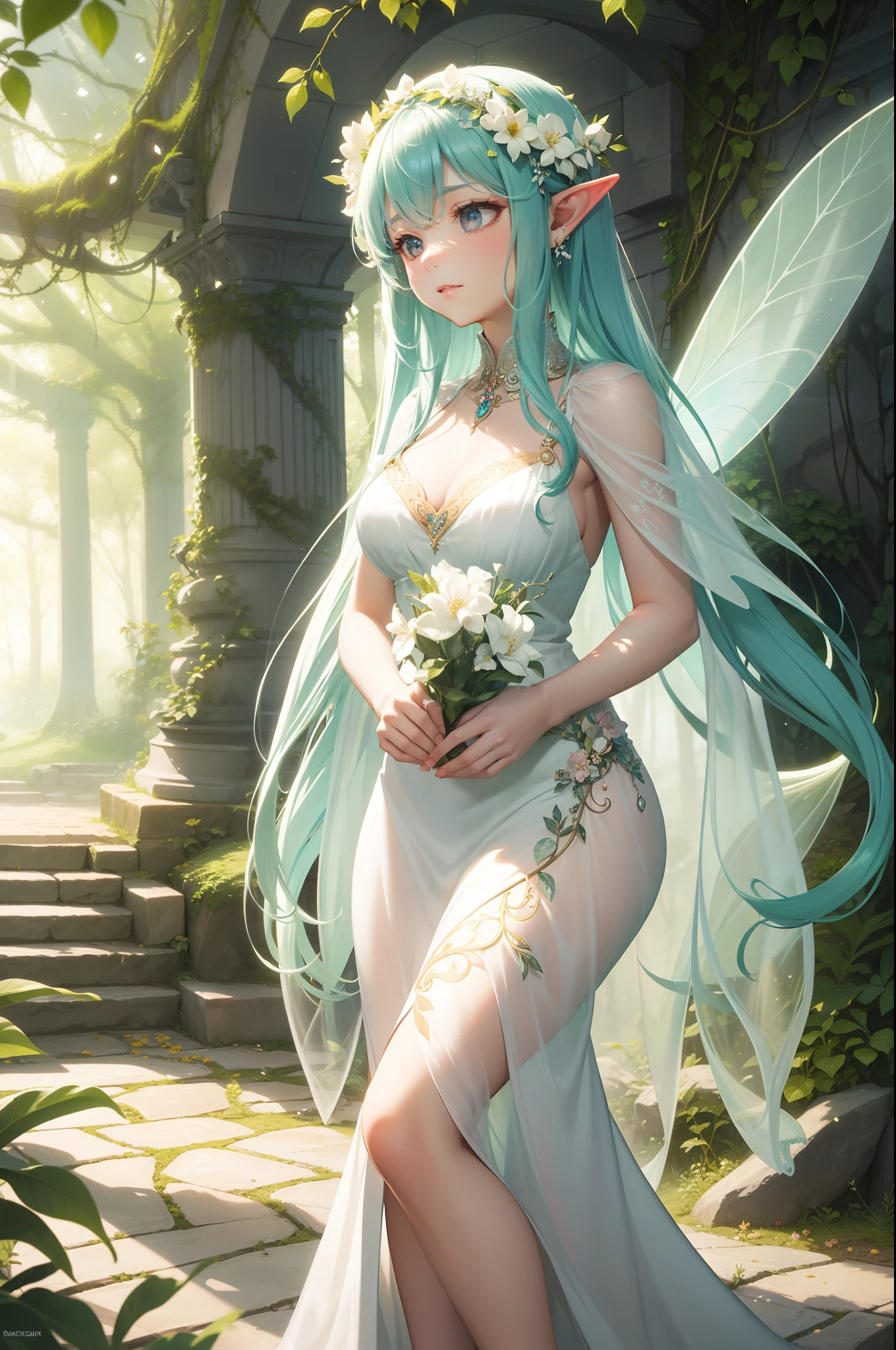 Craft an enchanting image featuring a floral fairy as the central focus. Picture a whimsical woodland scene where vibrant blooms and lush greenery create a magical backdrop. The floral fairy, a delicate and ethereal being, hovers gracefully amidst the flowers, her gossamer wings shimmering in the dappled sunlight. She wears a gown woven from petals and leaves, adorned with intricate floral patterns that mirror her surroundings.
The fairy's presence is serene and captivating, her eyes reflecting both wisdom and curiosity. She interacts harmoniously with the flora, her touch encouraging flowers to bloom and vines to intertwine. The air is alive with the sweet scent of blossoms, and soft rays of light filter through the leaves to illuminate her radiant form.
The image should capture the spirit of nature's beauty and the fairy's connection to it. Utilize a color palette that mirrors the hues of the forest and its flora, while infusing the scene with a touch of magic that evokes wonder and delight. The result should be a mesmerizing portrayal of the floral fairy, inviting viewers into her enchanting realm.