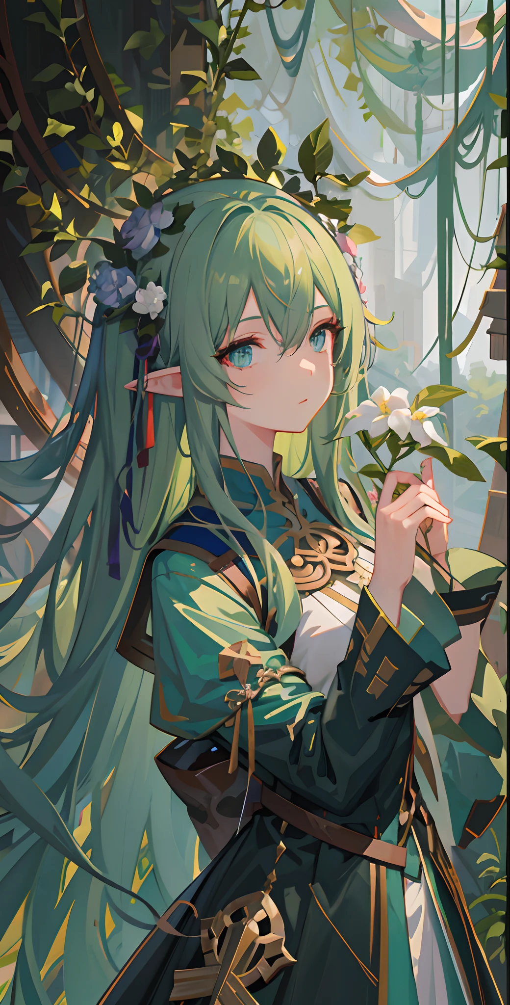 Anime girl with long green hair and blue eyes holding flowers, trending on artstation pixiv, goddess of nature, Detailed digital anime art, Anime art wallpaper 4 K, Anime art wallpaper 4k, a beautiful anime portrait, Anime art wallpaper 8 K, Guweiz in Pixiv ArtStation, style of anime4 K, Beautiful anime artwork,elvish ears,Purple flowers are worn on the head