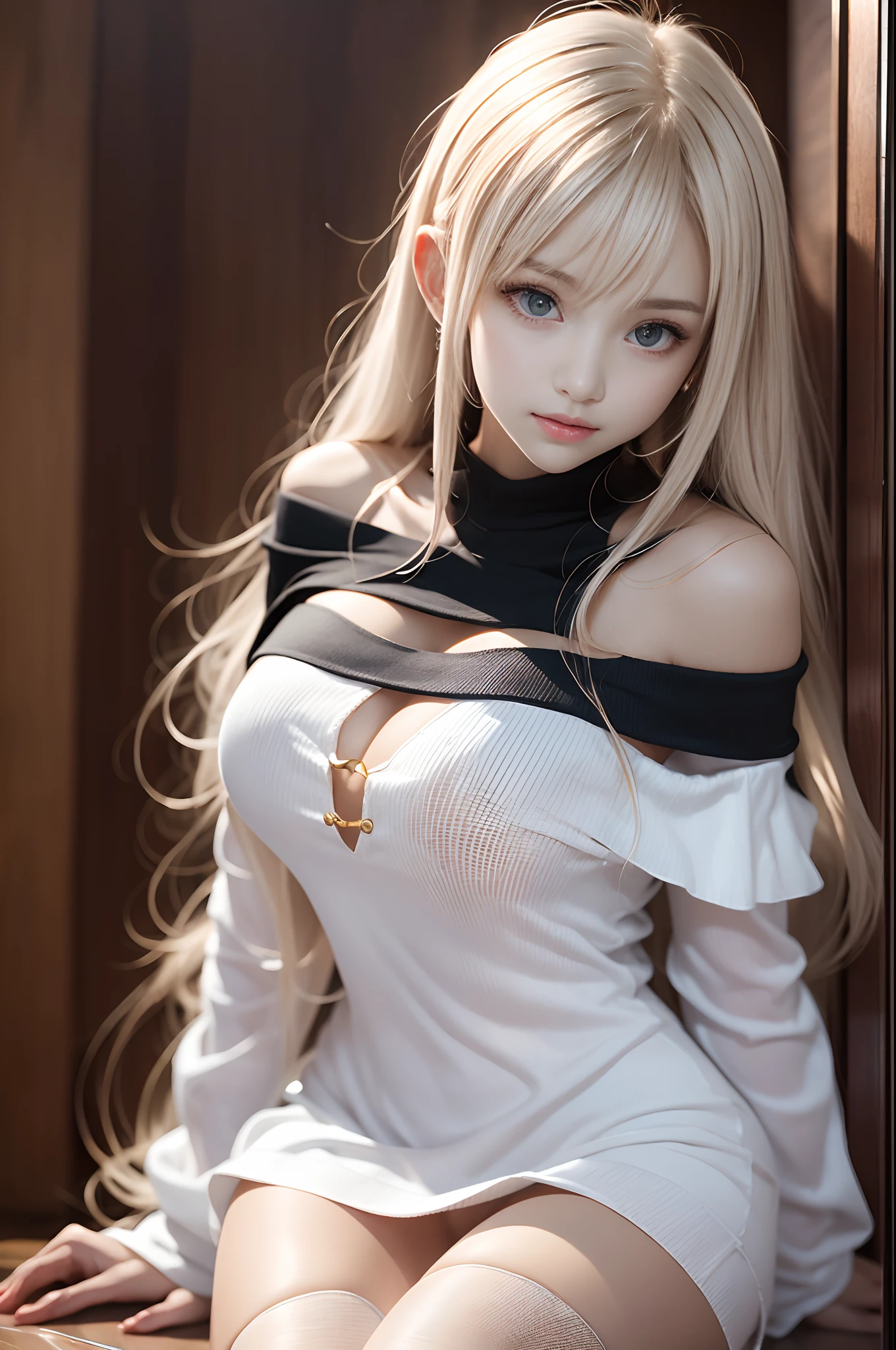 bright expression、Young shiny shiny white shiny skin、Best Looks、Blonde reflected light、Platinum blonde hair with dazzling highlights、shiny light hair,、Super long silky straight hair、Beautiful bangs that shine、Glowing crystal clear attractive big blue eyes、Very beautiful nice cute girl、Lush bust,Beautiful detailed eyes, beautiful detailed nose,(( Full body:1.5)),Makeup that the eyes emphasize、,(Women like Joan of Arc)、Royal style,Comic style, , Sub-surface scattering, ornate detail, nature backdrop, Hyper-realistic, ((Cinematic)), Dramatic Lighting, masutepiece、((Off-the-shoulder white shirt dress:1.4))、((Fight on the battlefield))、(Loose and fluffy perm:1.4)、1 girl in、((Bob Hair:1.3))、Ultra realistic 8K CG, Picture-perfect face, flawless, clean, masutepiece, Professional artwork, famousartwork, Perfect face, Beautiful face, Beautiful eyes, ((Perfect female body)), Solo,(Immersive atmosphere, Chiaroscuro:1.5,Bright light:1.2,Luminous lighting),(blush:0.5),fascinated expression,Extremely detailed_Eyes,thick thighs,Large breasts,beautifullydetailedbackground,depth of fields,Realistic:1.3, longshot,Sitting, Full body, (ambient lights:1.3),(Cinematic composition:1.3),(Neon light:0.1),(nffsw:0.1),Accent Lighting, pantyhose,((dynamicposes))、(Fascinate boldly:1.5)