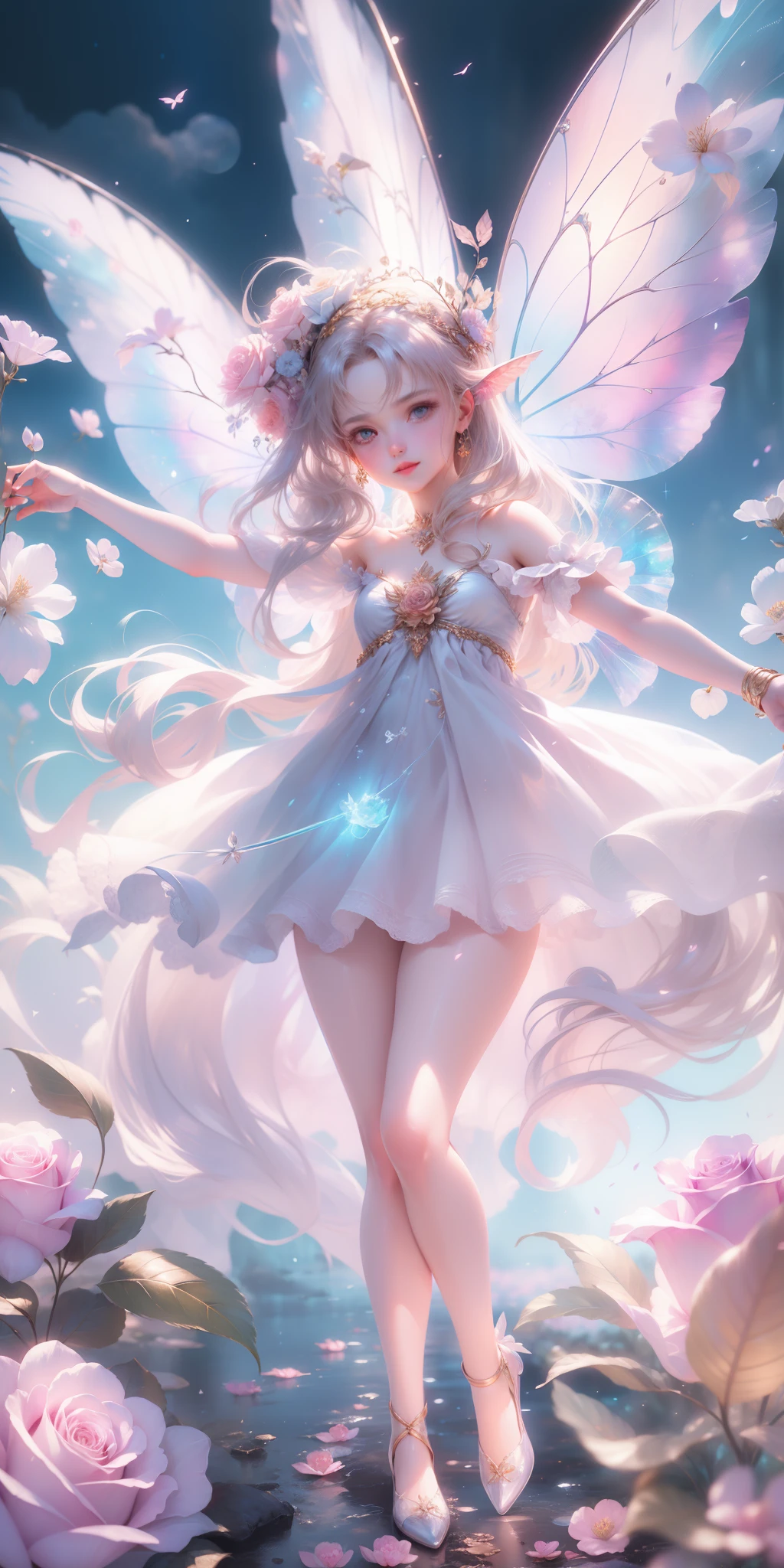 Welcome to the fantasy unknown country,(The female elf guides you,anatomically correct,Accurate and perfect European and American cartoon girl face),A kind smile,Transparent beautiful girl,beautiful fairy,Small ears,fly around,kaleidoscopic,在成千上万的紫色和红色flowers中,digital illustration,complex,Uptrend,pastel colors,painting,Award-winning photography,Bokeh,depth of field,hdr,flowers,Color difference,Realism,Very detailed,Art Station Trends,CG social trends,complex,high detail,drama,midway art