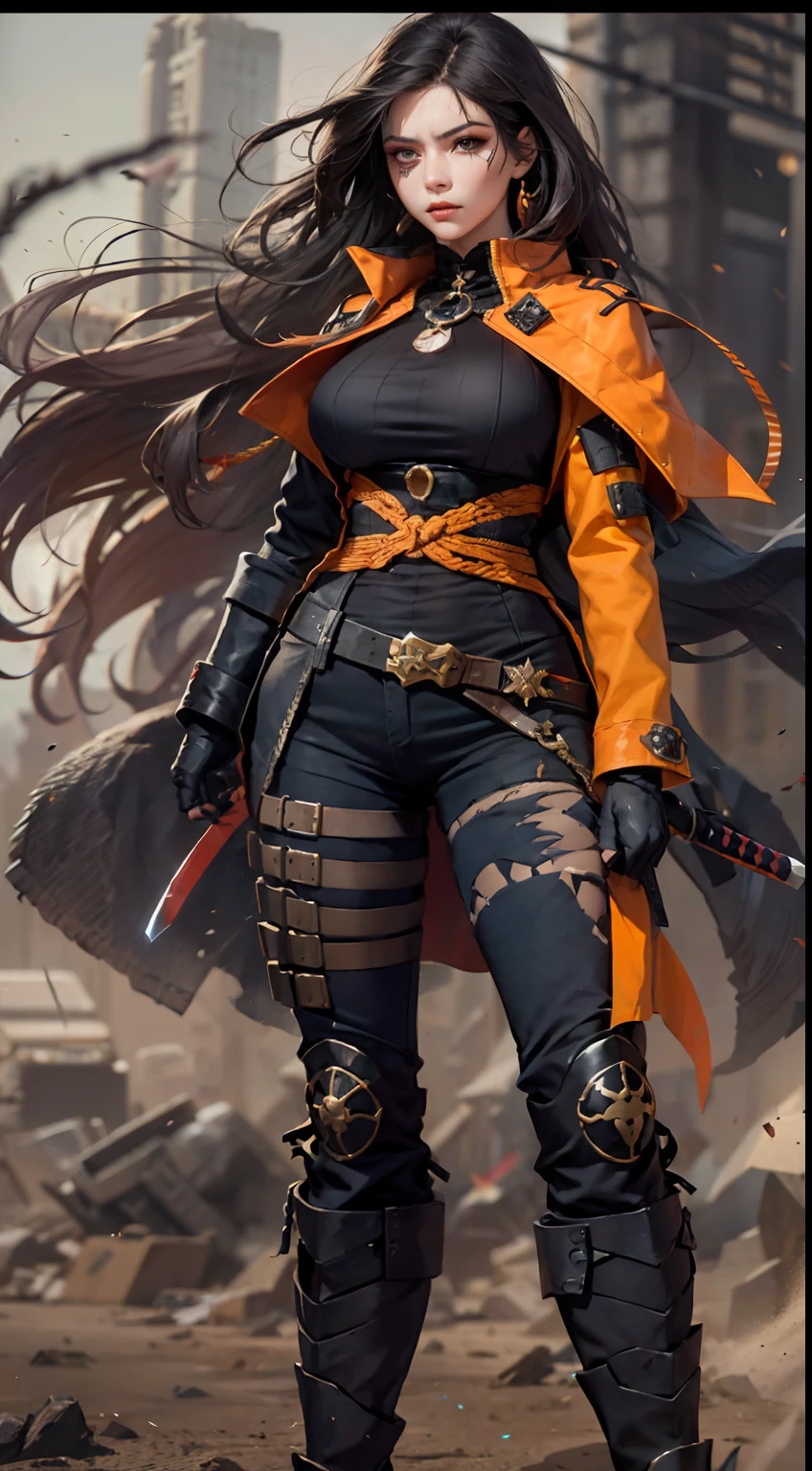 at the battlefield,Mercenary,There is a lot of war,smooggy,The people are plunged into an abyss of misery,Landslides and ground fissures,Sand,(realisticlying:1.2),(hentail realism),(tmasterpiece:1.2),(best qualtiy),(Hyper-detailing),(8K,4K,复杂),(full body shot shot:1),(85mm),Particle light,illuminating,(high detal:1.2),(Detailed face:1.2),largeeyes,beautiful goddess woman,putting makeup on,s the perfect face,Perfect lighting,1girll,DC Super Hero Movie,The female version of the death knell,(Death stroke),His real name is Slade Joseph Wilson,American DC Comics anti-heroine,tightsuit,Martin boots,Multifunctional belt,She carries two katanas on her back,One-eyed patch,Half-black mask,Ninja style,Orange-black clothes,Death glow,Serious look,Thin waist and thick hips,upper legs,Faust,huge boob,red pupils,One-eyed man,One eye,One-eyed patch,(Knell set:1.2),Gravel background,Broken ground,Female death knell,Hands clenched into fists,(No underwear),(finelydetailedskin:1.3),(nice hand),Detailed hands,detailed back ground, perfect eyes, Seductive eye, looking at viewert, From the front,cinematric light,edge lit,超高分辨率,Best shadow,delicated,octanerender,unreal-engine,Glaring ahead,