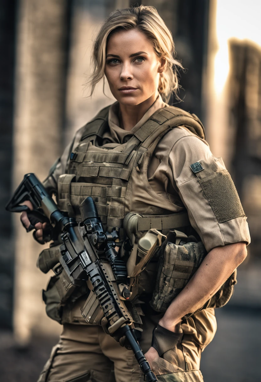 Cinematic battlefield in afghanistan, a ultra-detailed hyperrealistic photography of a beautiful 25 years old american soldier woman, (blonde hair with extra long wavy), blue eyes, american aesthetics, short hair, night, curvy, beautiful curves, army aesthetics, special forces outfit, high emphasis on detail, style Semi Impasto, matte painting, atmospheric, glowing, dramatic lighting, beautiful eyes, symmetric eyed, perfect eyes, by Magali Villeneuve, wet, moist, reflection, (masterpiece) ( Perfect proportions) (realistic photos) (highest quality) (detail) shot taken by Canon EOS R5, 50mm lens, f/2.8, HDR, (8k) (wallpaper) (movie lighting) (dramatic lighting) (sharp focus) (complex) fashion, special forces, captain, american military, armed with 2 pistols, in combat, realistic uniform, multicam, fit, chest protection, united states military, camouflaged, multicam, american patter, bulletproof vest, covered skin, bullet rpoof vest, vest, weapon, gun, m4a1, m4a1 sopmod, special forces, combat zone, team leader, captain, united states military, officer, special forces, green berets, explosions, battle damage, short sleeves, tatoos, military tatoos, arm tatoo, short sleeved uniform, full arm tattoo, full sleeve armed tattoos, rolled sleeve, no sleeve