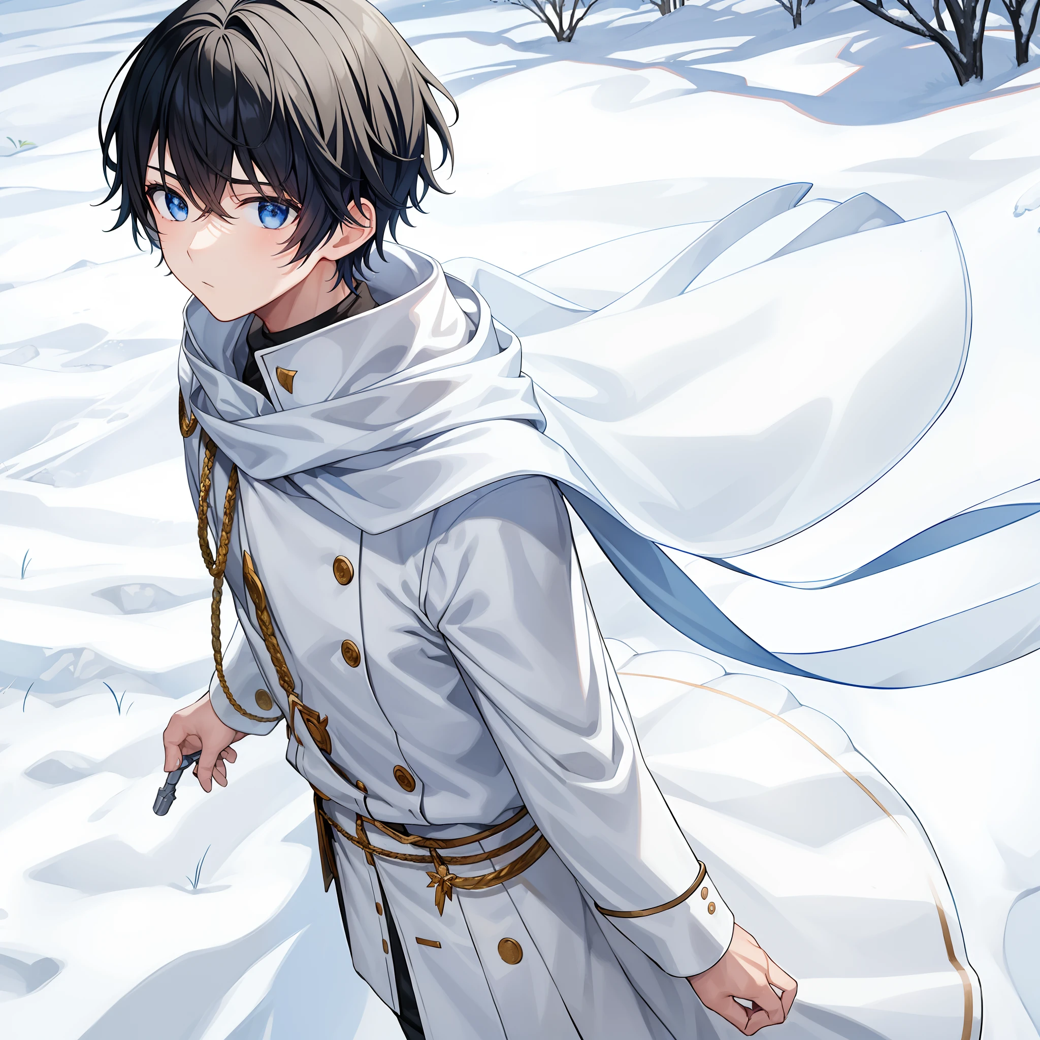 1boy, Campo de neve,,terno preto,18 anos,Cabelos pretos,olhos vermelhos, expression serious, cabelo curto