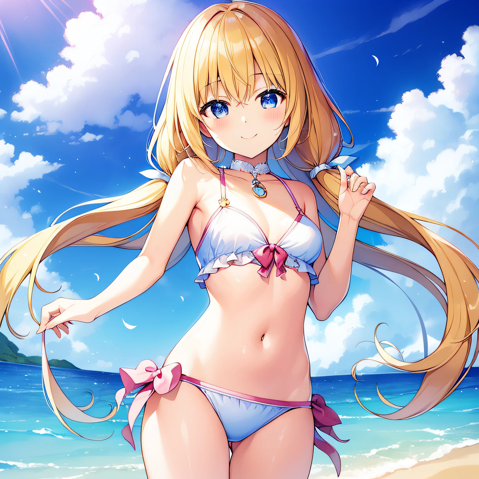 top-quality、extremely delicate and beautiful、 girls、5th grade elementaki、A smile、a blond、Brown skin、The background is the sea、is standing、Twin-tailed