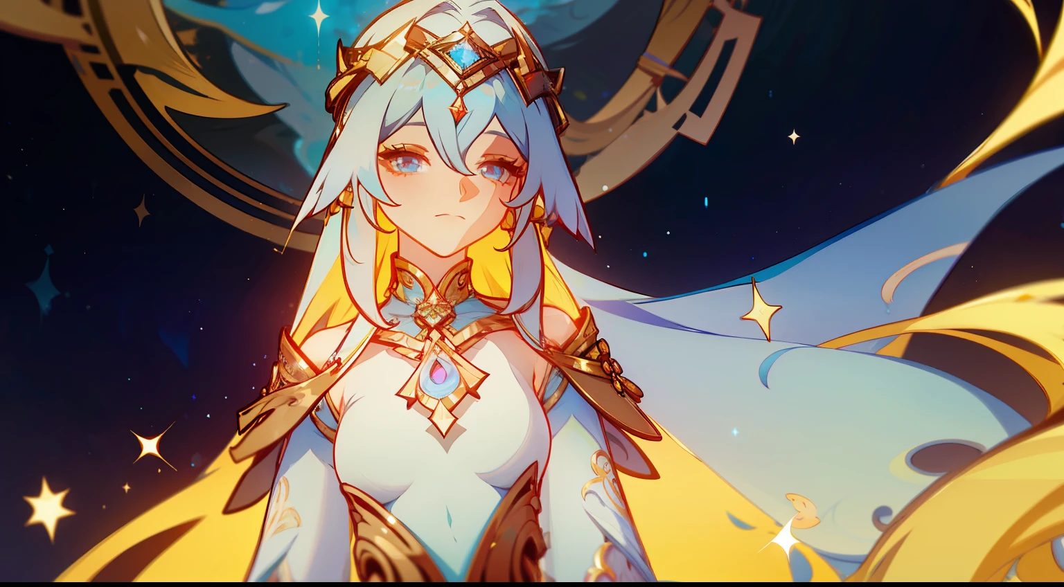 Aeliana is an ethereal-looking goddess with shimmering golden hair that cascades to her shoulders. His eyes are a piercing silver tone that reflects his deep knowledge. He wears a white silk tunic with golden embroidery that symbolizes the stars and illumination. His presence radiates a sense of calm and wisdom.
