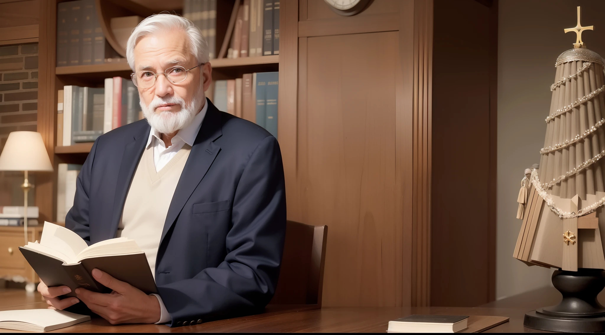 crie uma imagem de um homem 60 anos, meio calvo, Normal clothes with a bible (sagrada) in the hand.acapa do livro preto escrito BIBLIA SAGRADA.