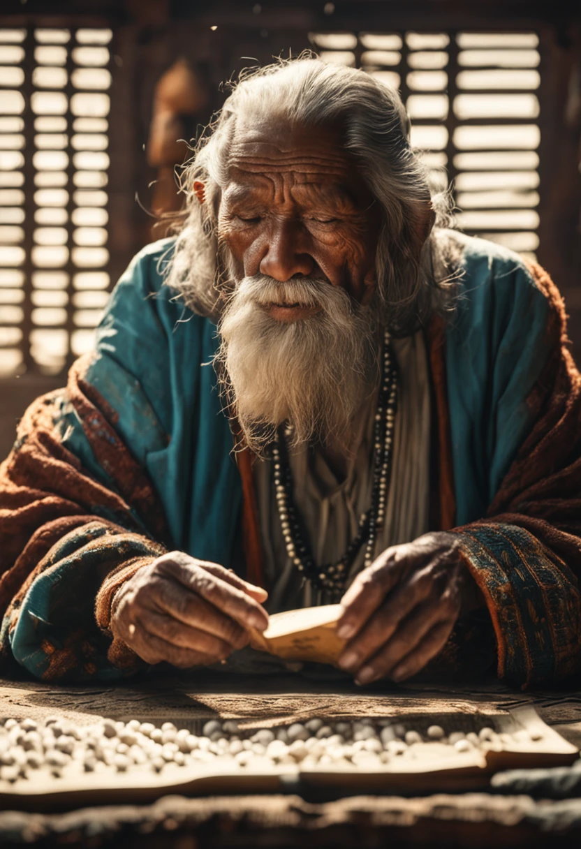 Old man with white beads and hair holding ancient scribe