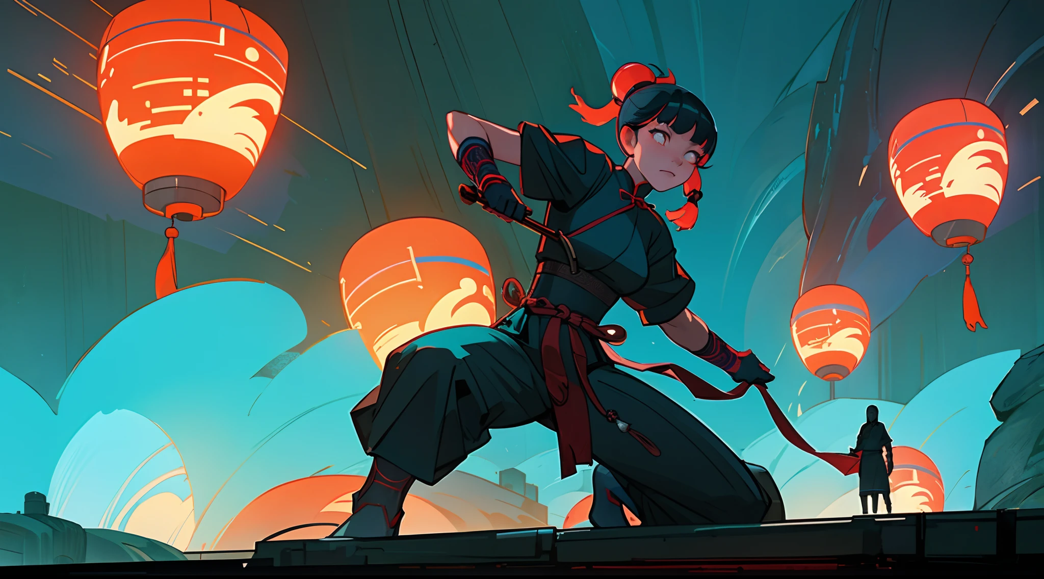 A traditional Chinese monk girl is in a fighting position waiting to be attacked by her enemies, she is surrounded by the enemies, she is in a Chinese futuristic cyberpunk city, nightfall, glowing lights, dynamic composition, volumetric lights, ultra definition, ultra resolution, masterpiece, intricate details